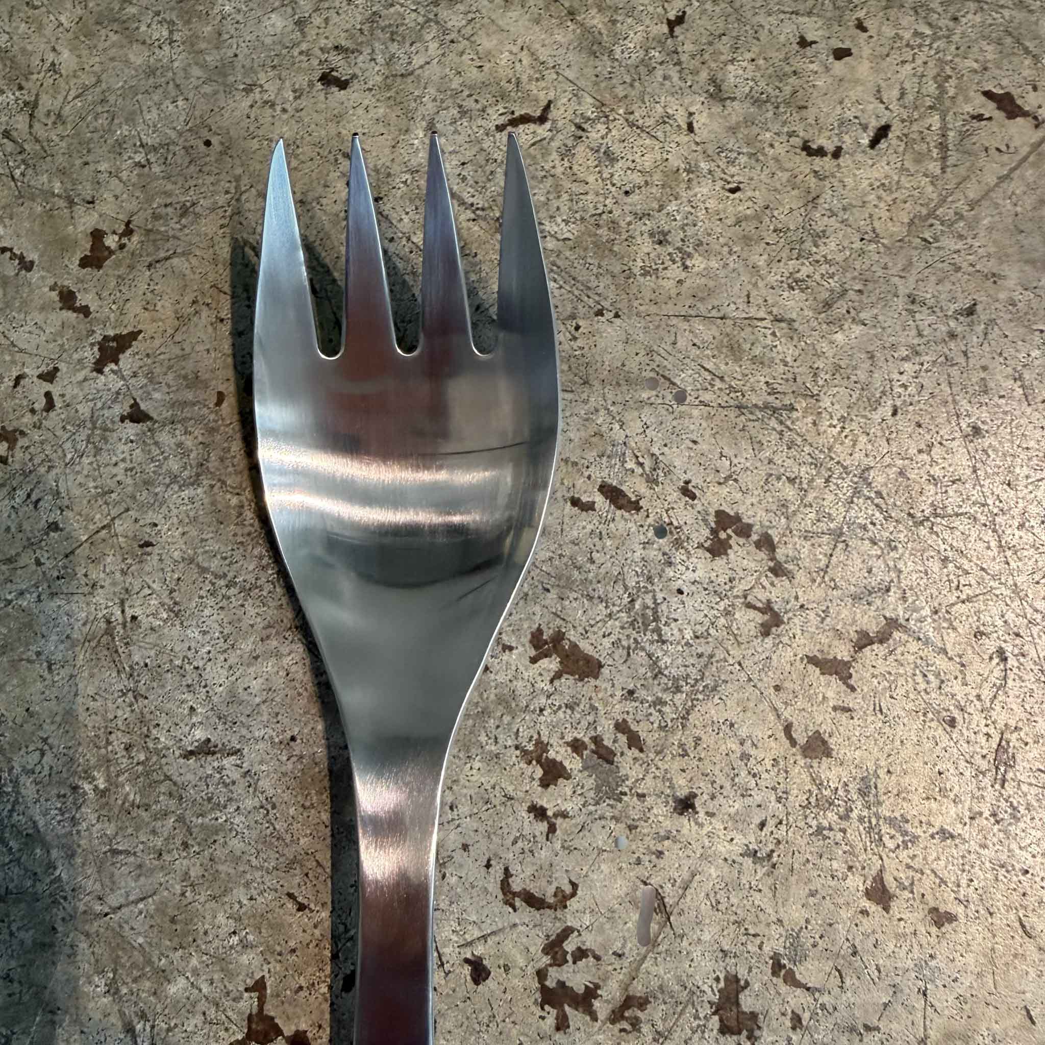 A single stainless steel serving fork with a wide, flat head lies on a textured, scratched concrete surface.