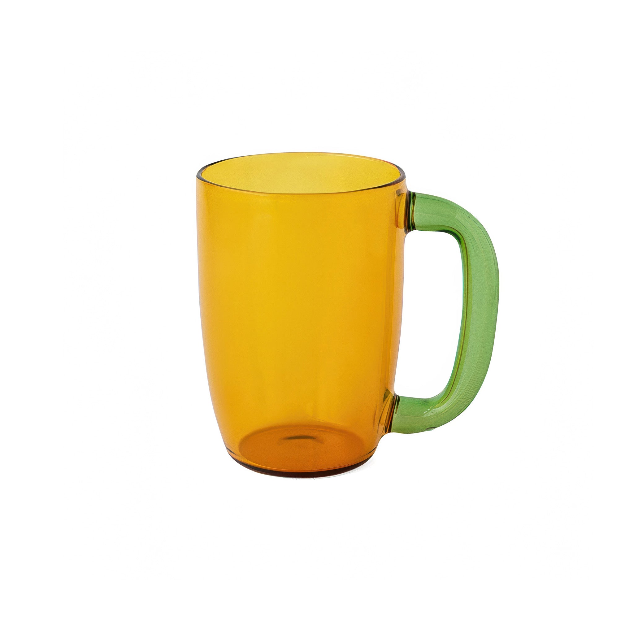 Yellow glass mug with a green handle on a white background
