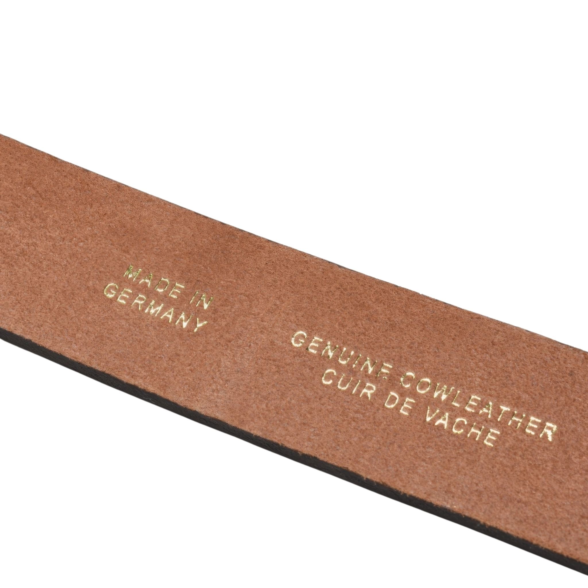 Brown leather strap with 'Made in Germany' and 'Genuine Cow Leather' text on a white background