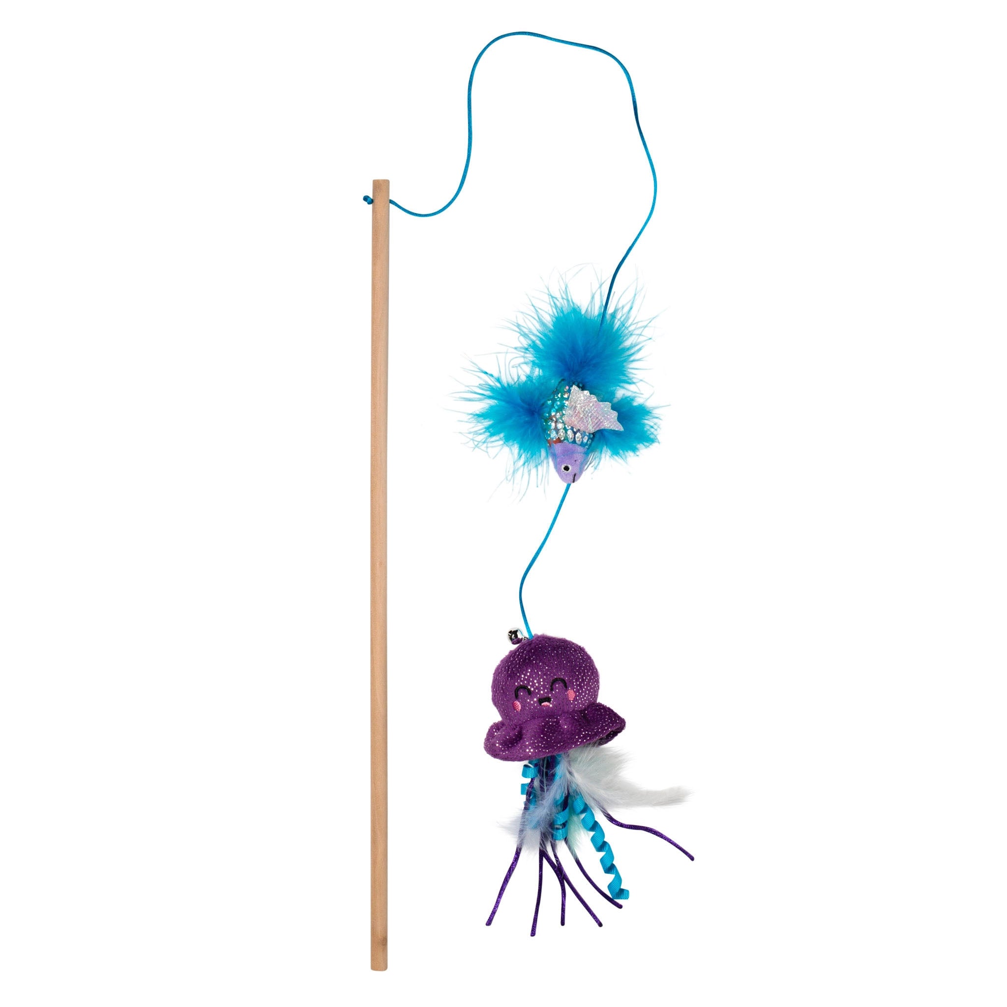 Cat toy with a purple jellyfish and blue feather on a stick against a white background