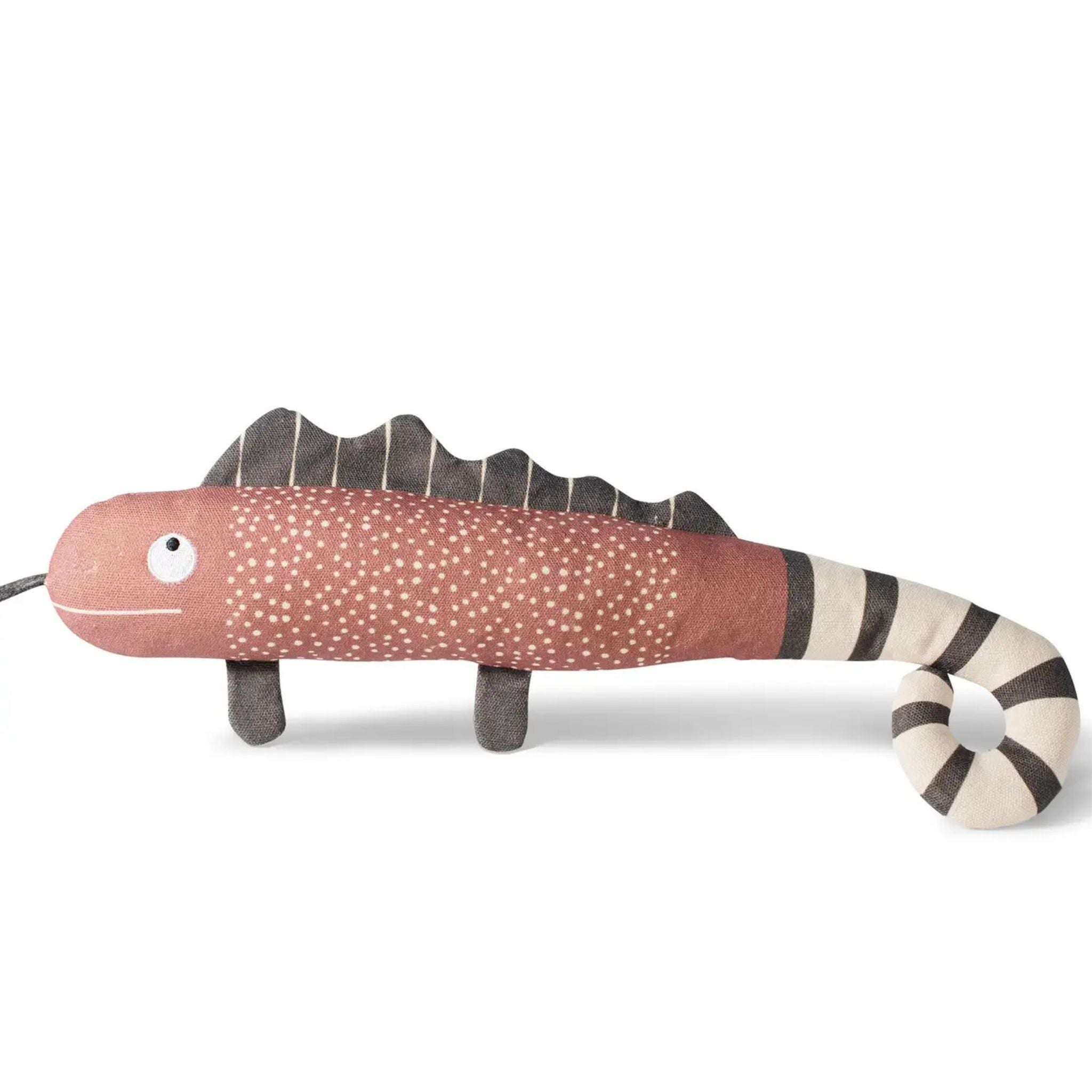Dog toy chameleon with a pink body and striped tail on a white background