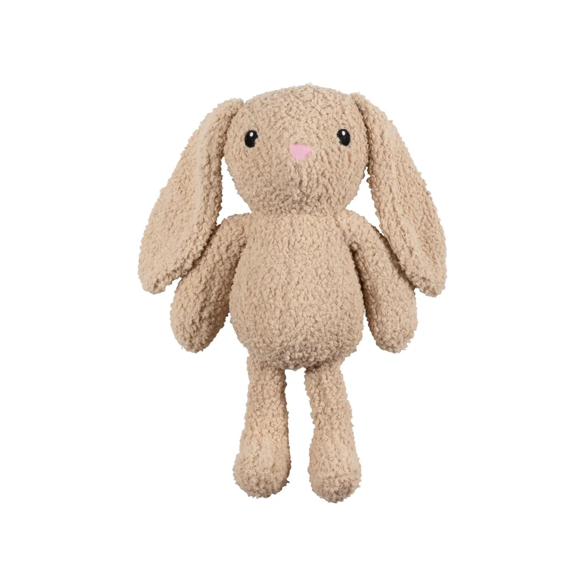 Beige plush bunny dog toy on a white background