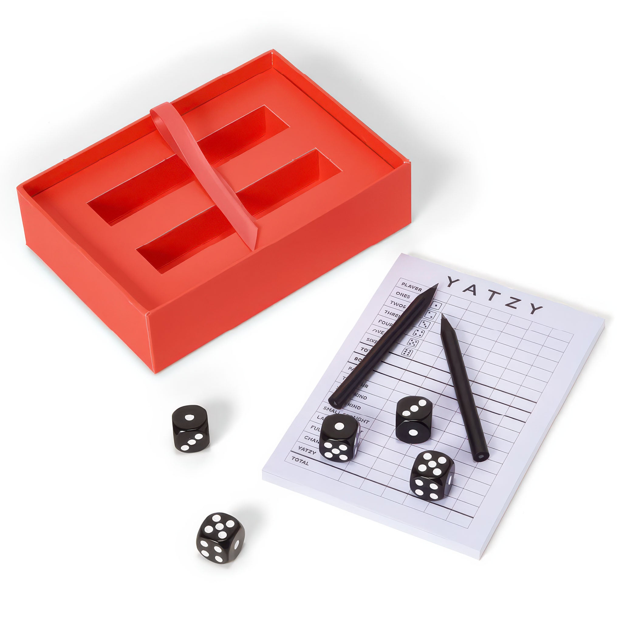 image from above printworks yatzy game showing note pad, five dice, two pencils and box
