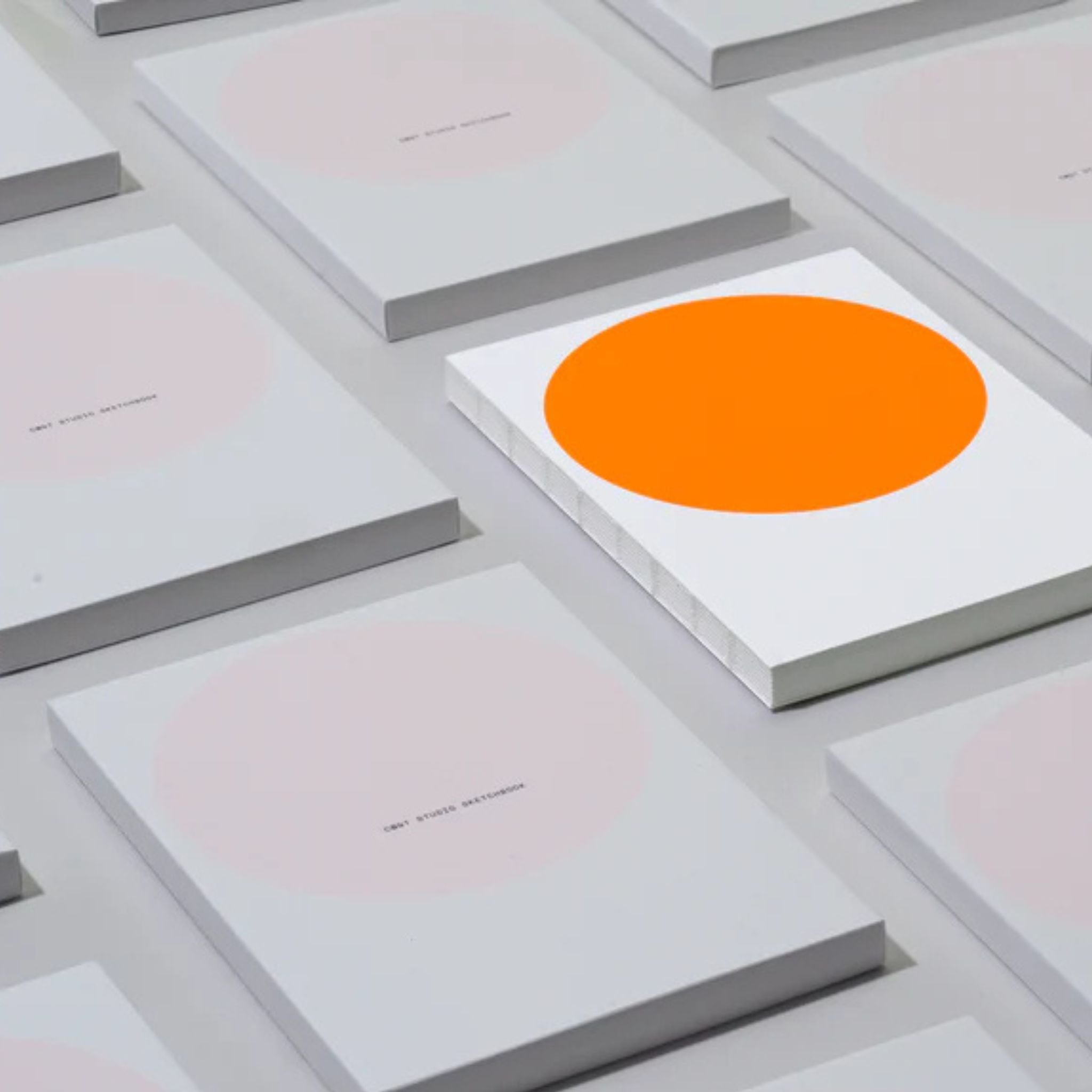 Aesthetic image of a collection of the studio sketchbooks laid out on a white background