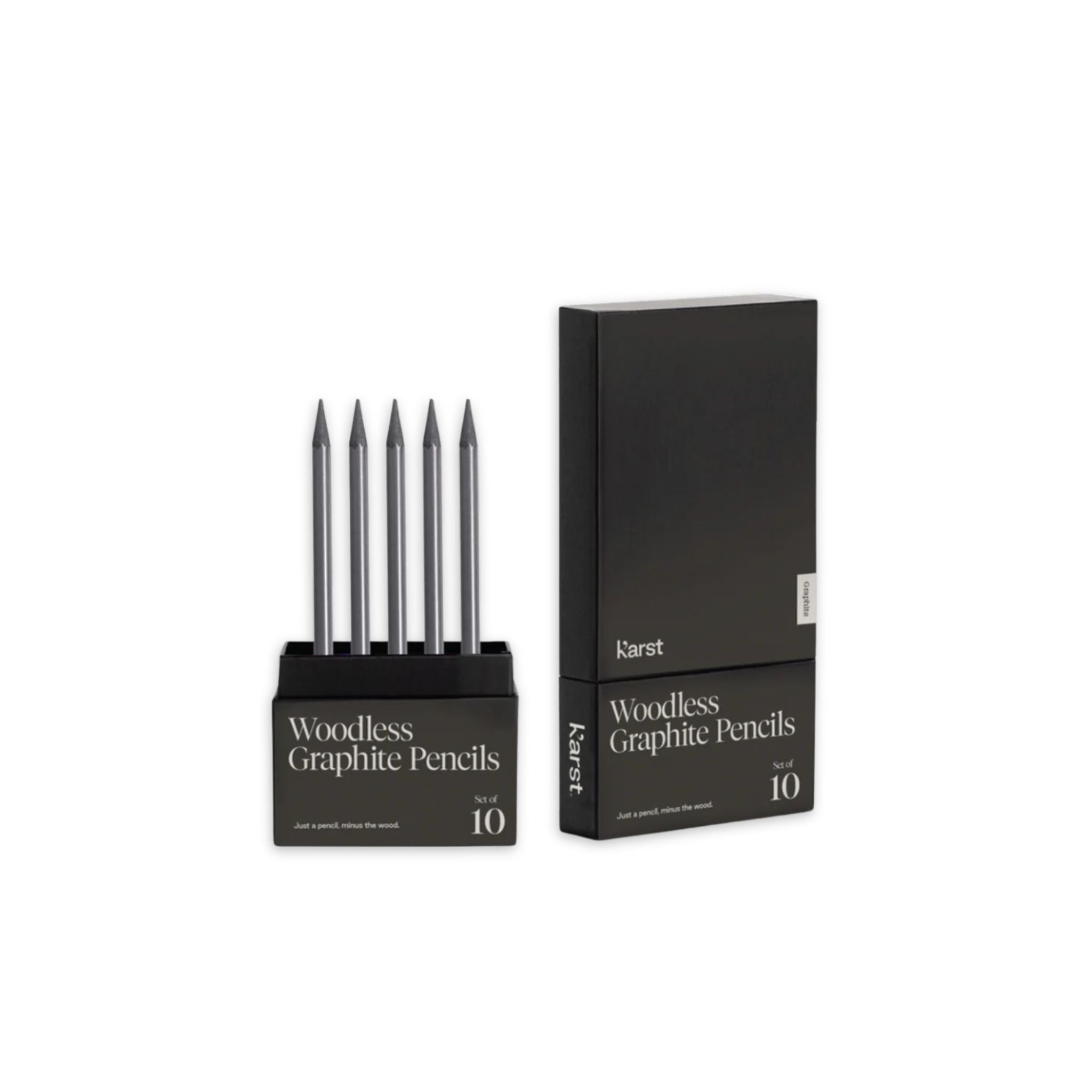 Set of 10 woodless graphite pencils with a black box on a white background