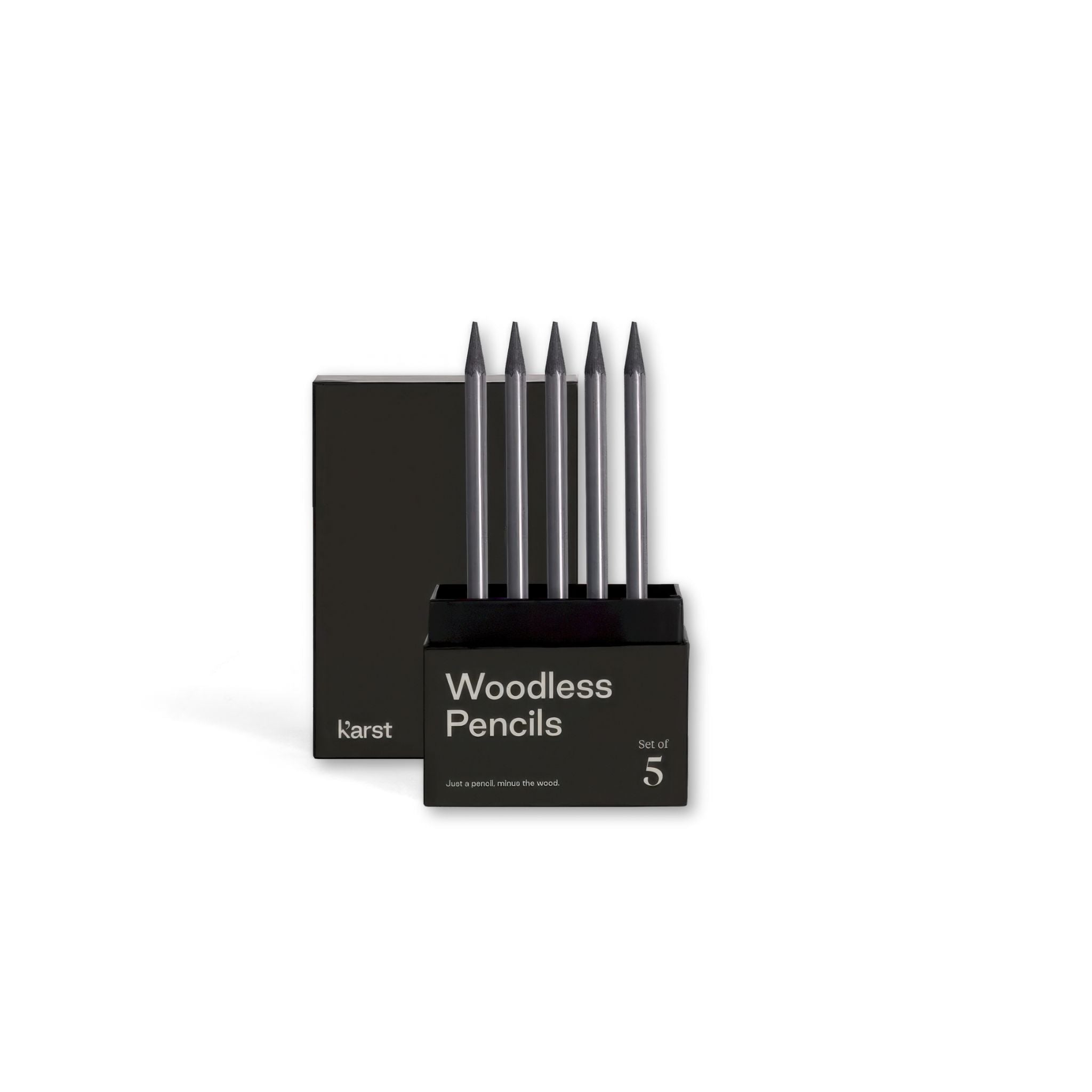 Karst Woodless Graphite Pencils, Set of 5 with box lid open on a white background