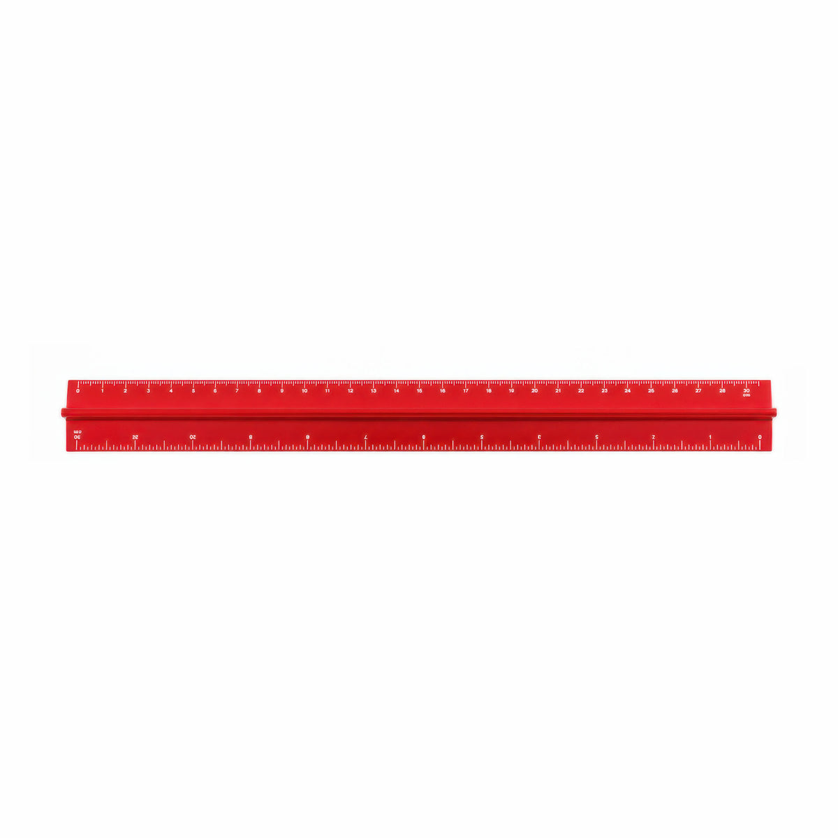 A red metal straightedge ruler with engraved measurement markings on a plain white background.