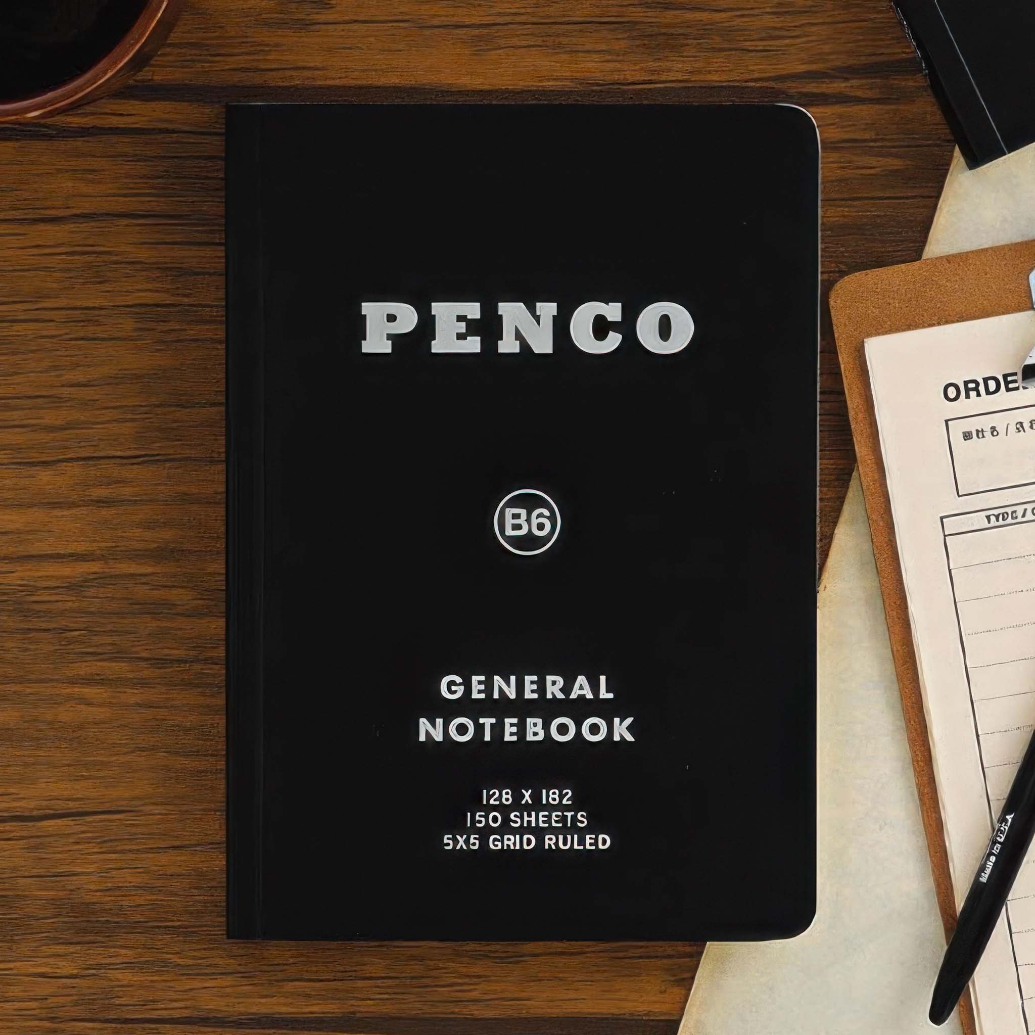 Black notebook with 'Penco' branding on a wooden surface