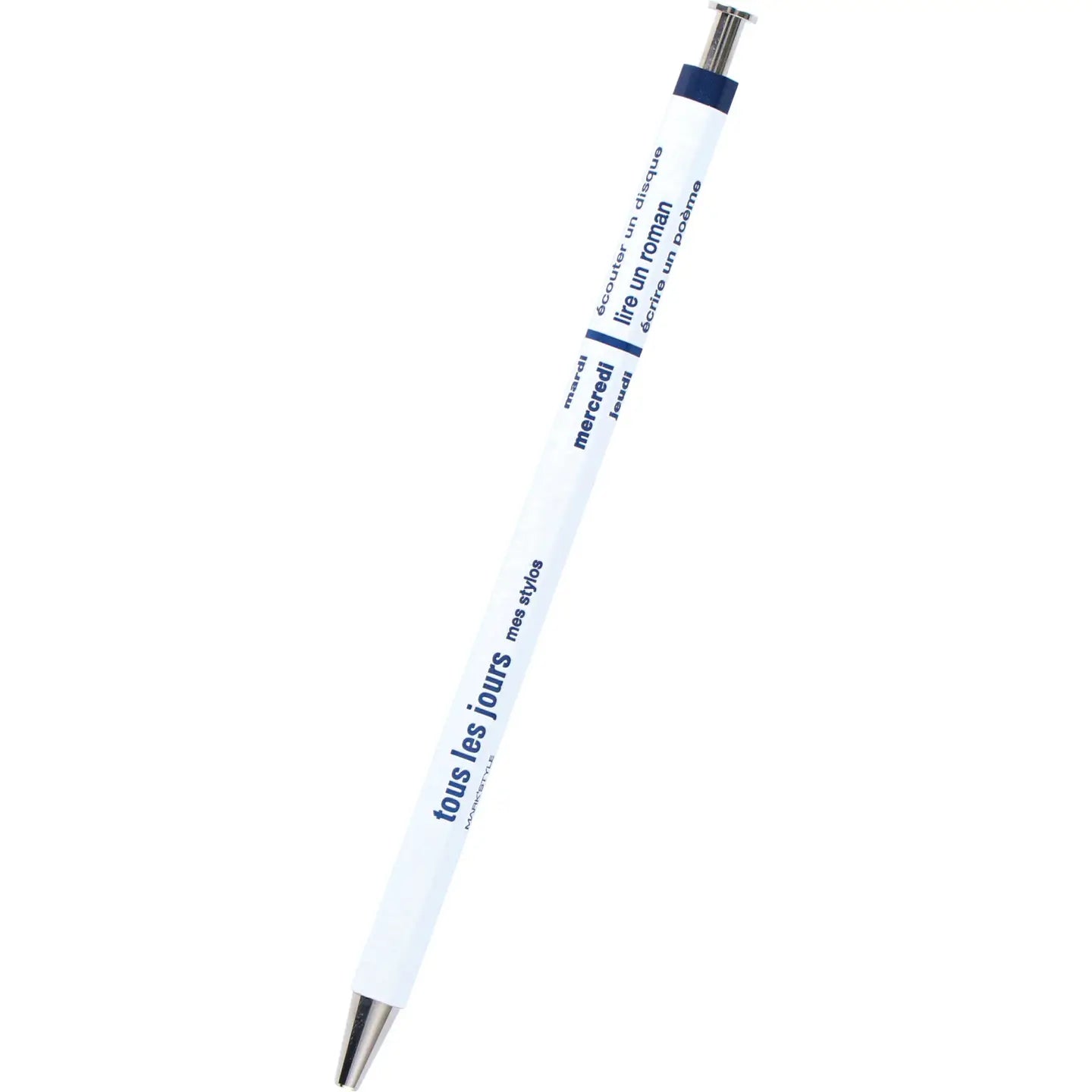 White pen with blue accents on a white background