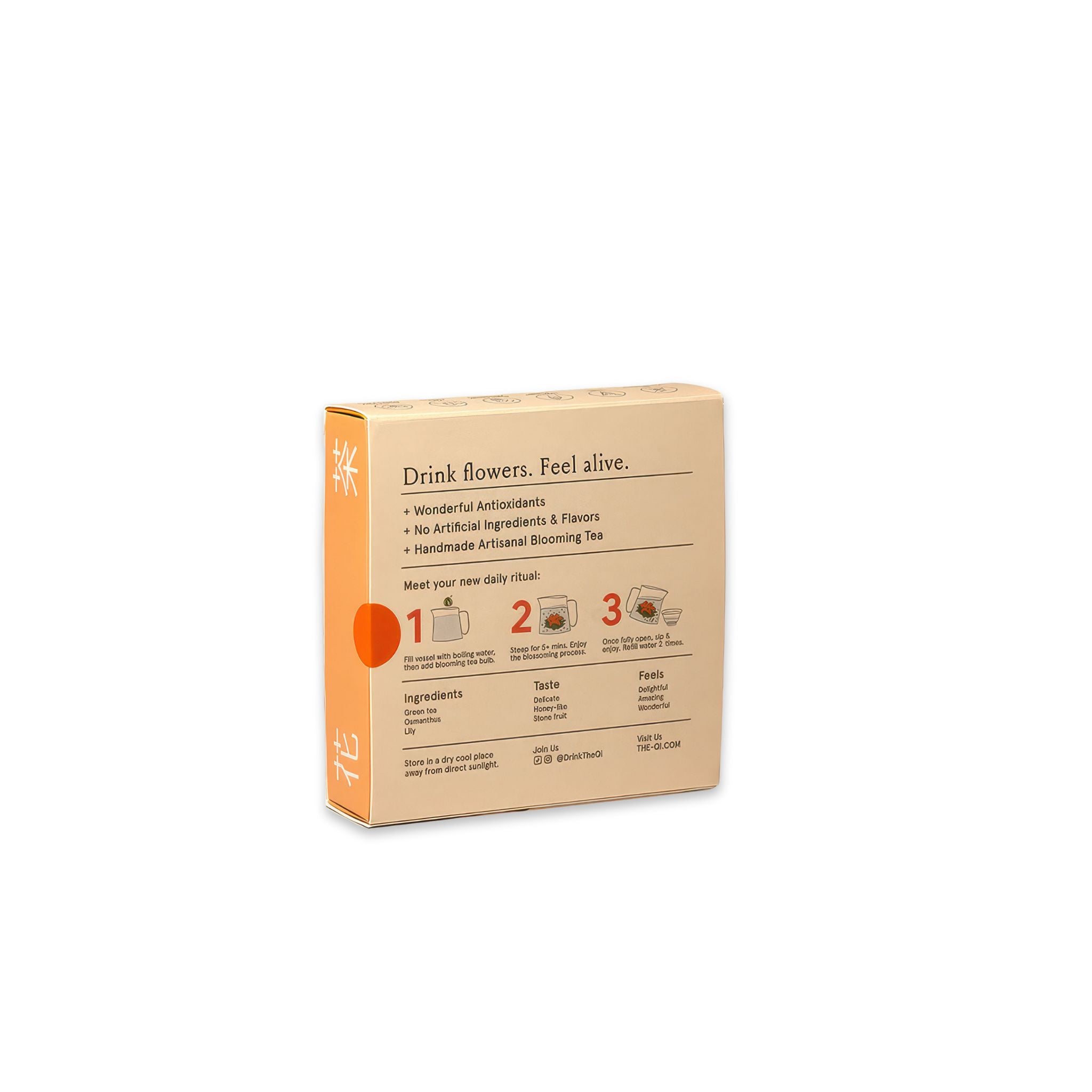 image of back of box of the qi inner radiance blooming tea with brewing instructions