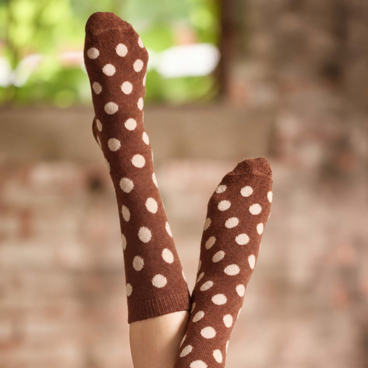 A pair of lisa b's Acorn Dot Crew socks with white polka dots worn on feet, shown against a blurred outdoor background with brick and greenery.