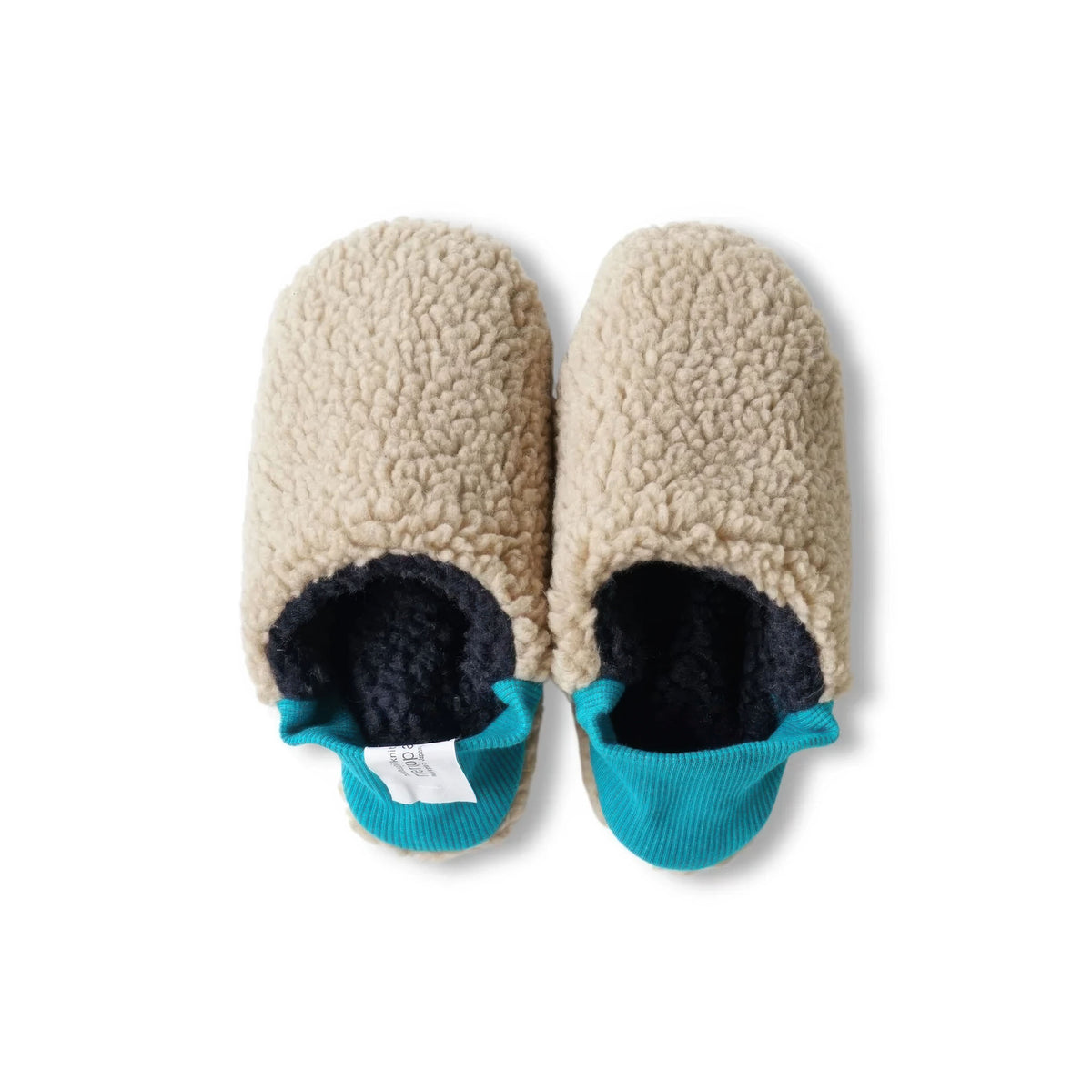 A pair of beige sherpa fleece Merippa slip-on slippers with a dark navy lining and a bright turquoise ribbed trim, shown from a top-down view on a white background.