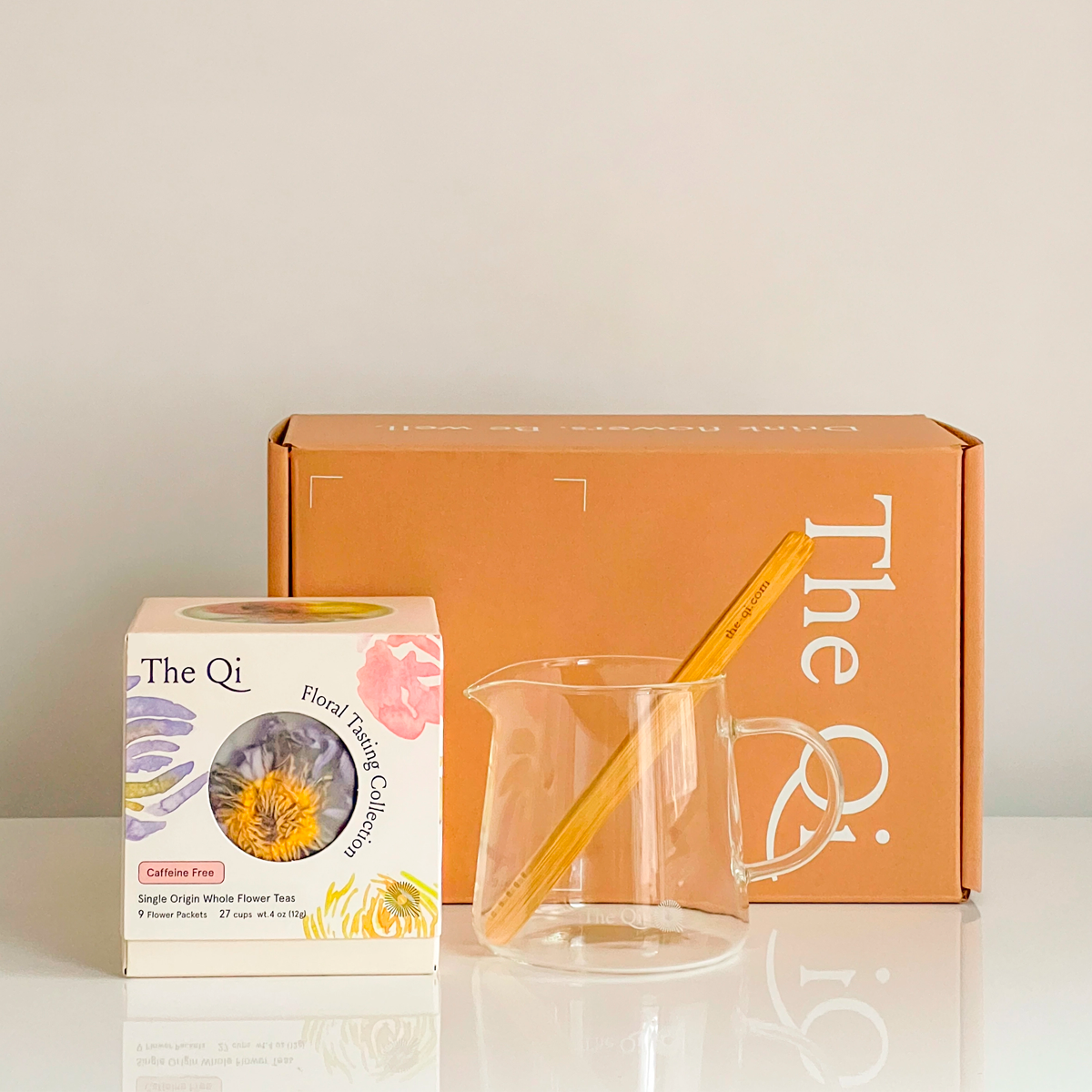 Image displaying the contents of the Daily Ritual Flower Tea Set V2 on a white background