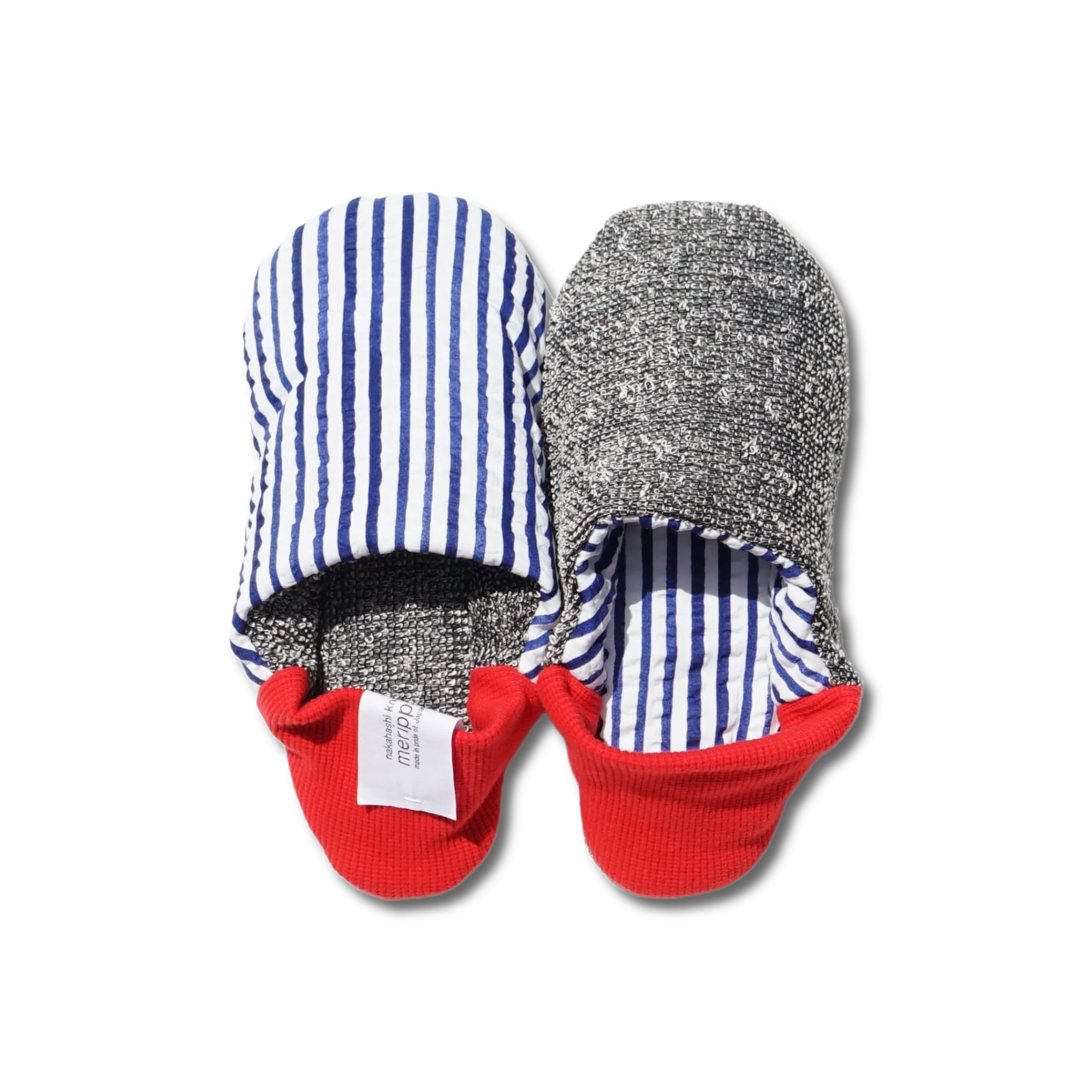 Full image of Merippa's Seersucker stripes × Cotton linen slippers with one reversed