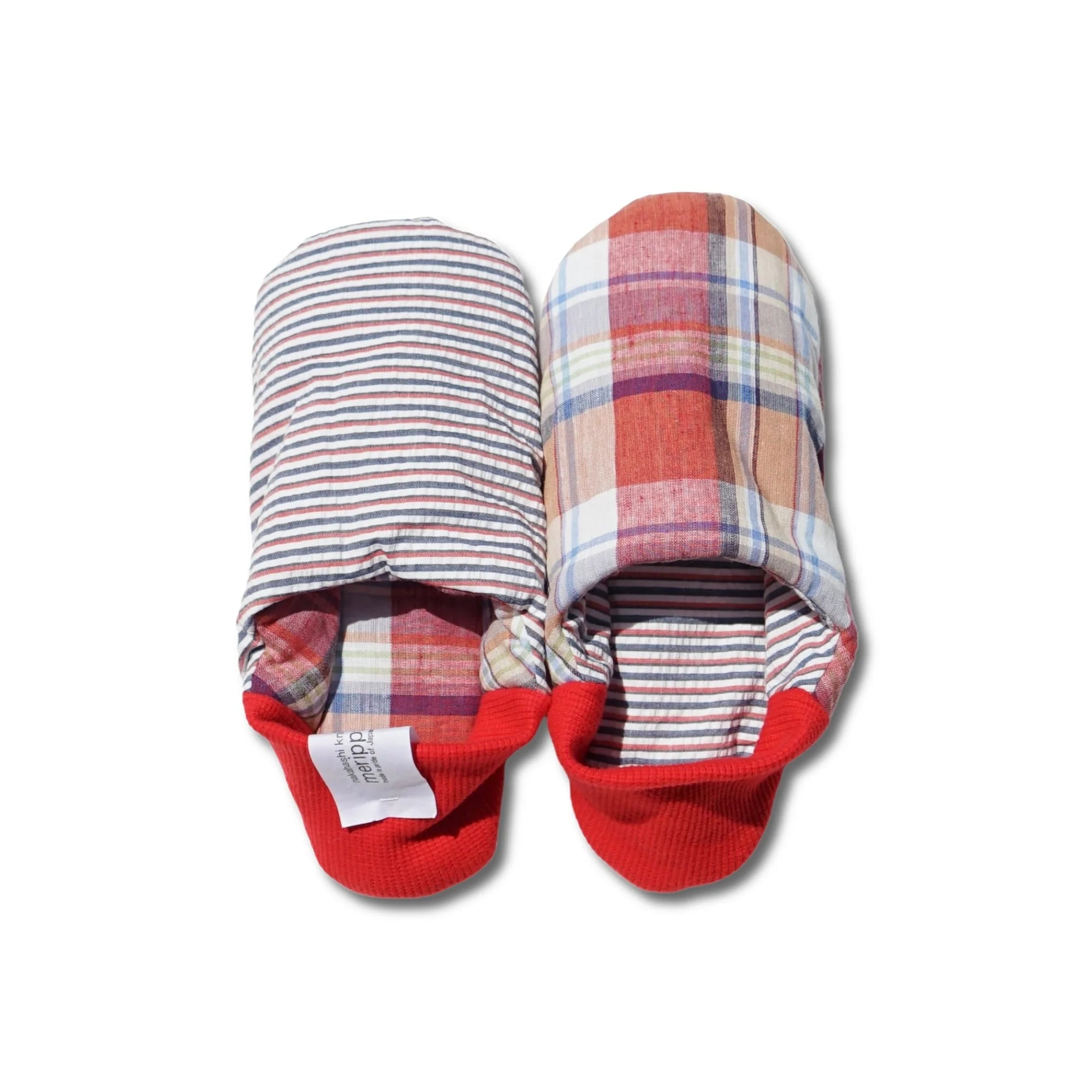 Full image of Merippa's red Colorful stripes x Plaid slippers with one reversed