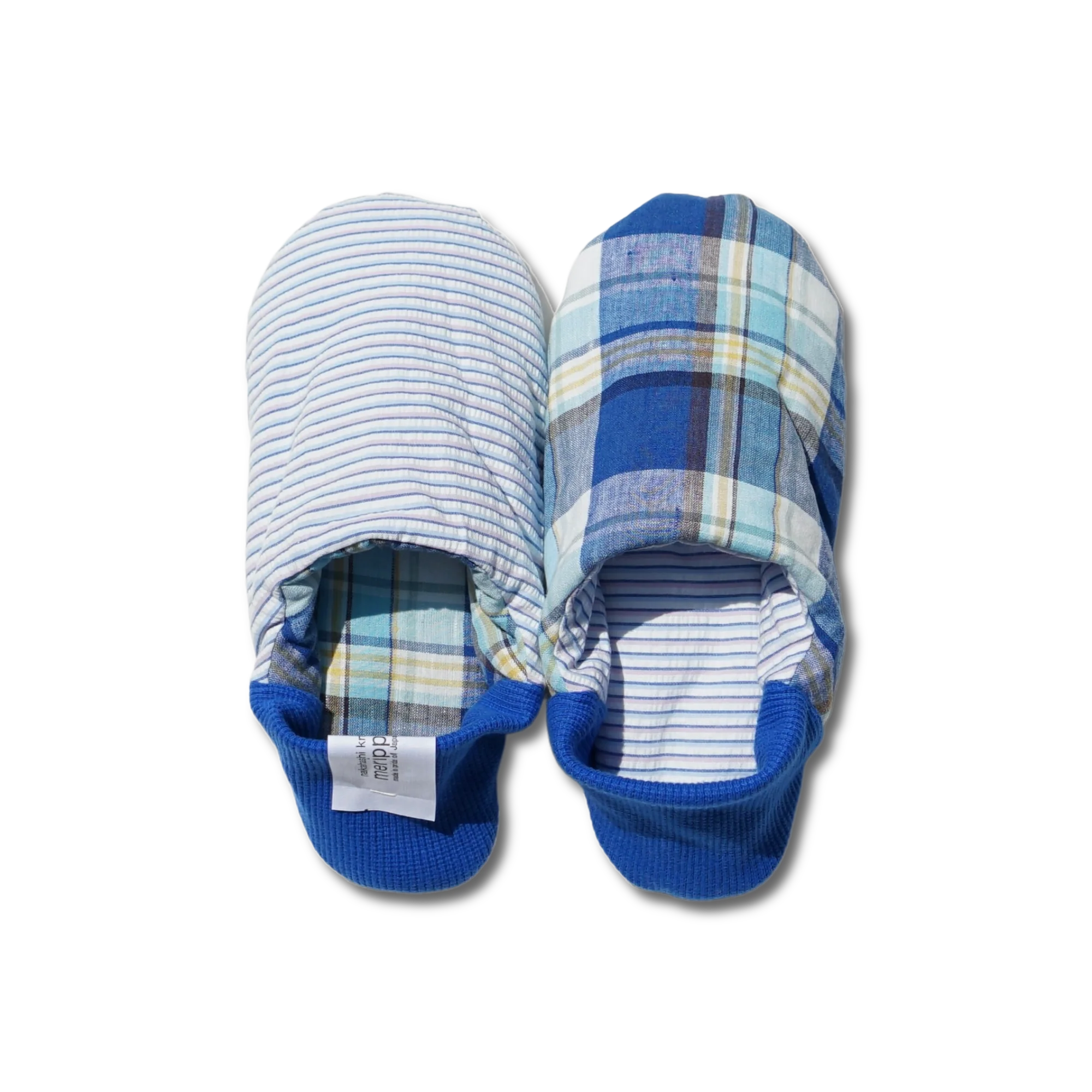Full image of Merippa's blue Colorful stripes x Plaid slippers with one reversed