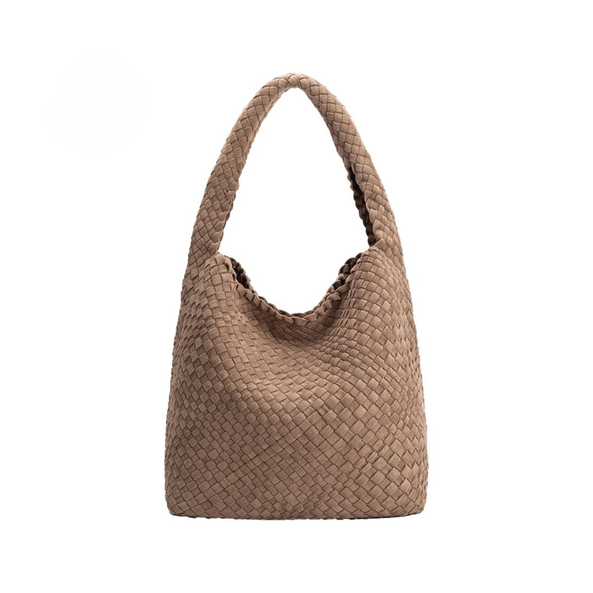 Rear view of Johanna vegan suede in clay handbag on a white background