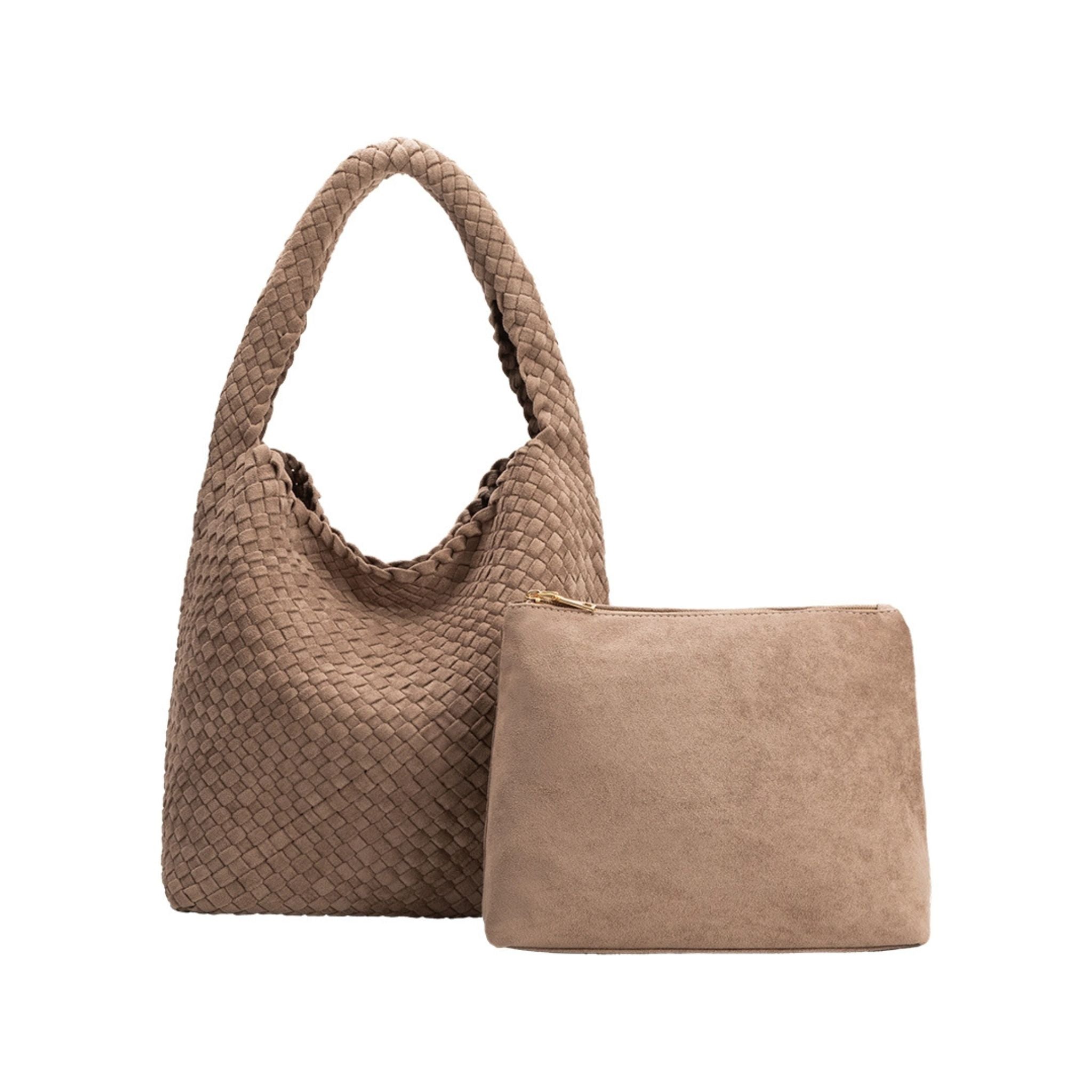 Johanna vegan suede in clay handbag with matching pouch on a white background