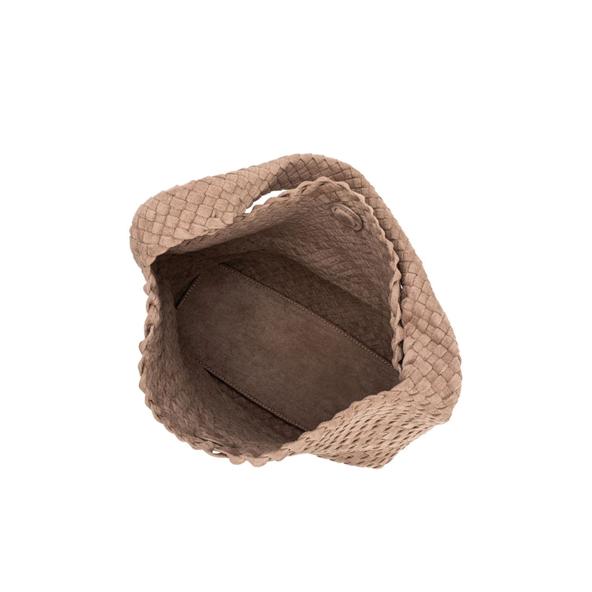 Top view of Johanna vegan suede in clay handbag on a white background