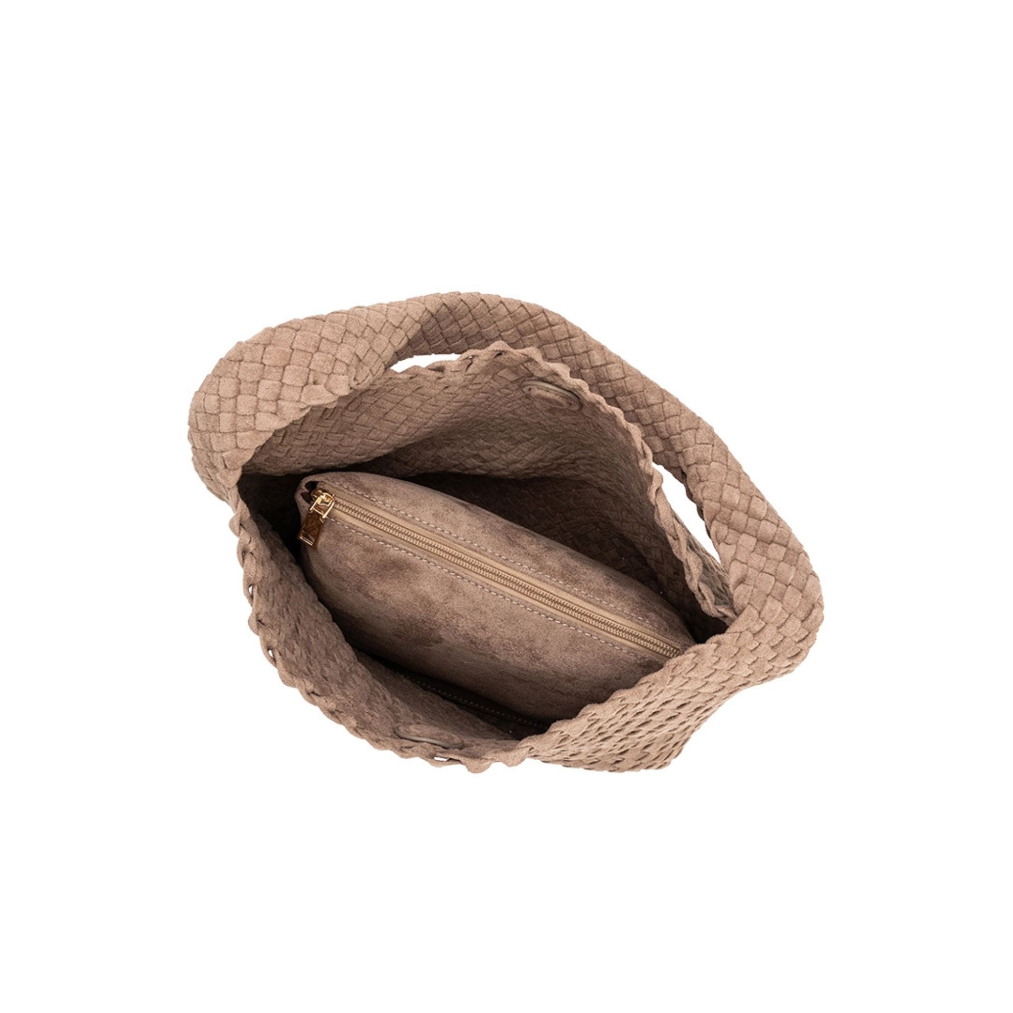 Top view of Johanna vegan suede in clay handbag on a white background