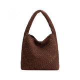 Rear view of Johanna vegan suede in tobacco handbag on a white background