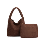 Johanna vegan suede in tobacco handbag with matching pouch on a white background