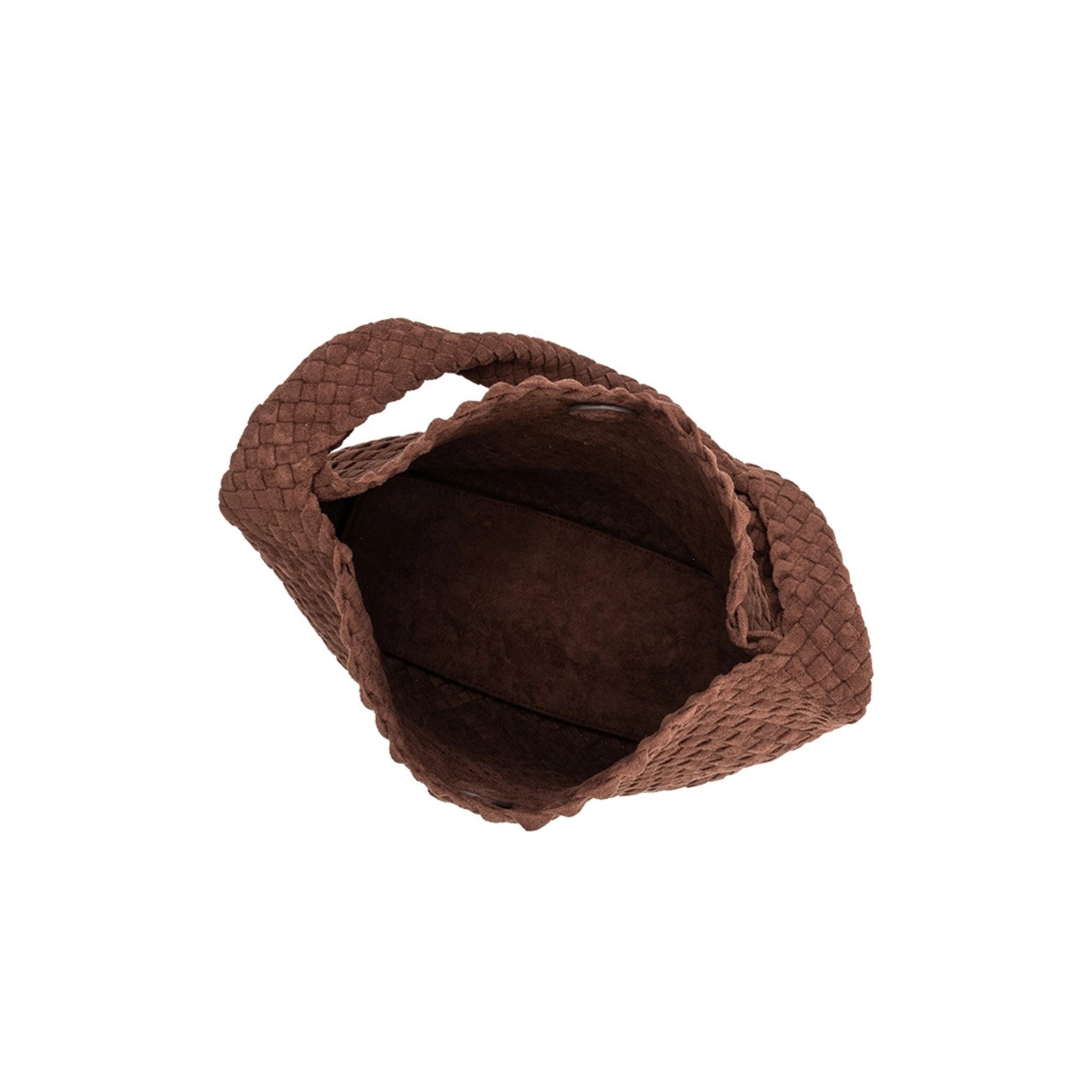 Top view of Johanna vegan suede in tobacco handbag on a white background