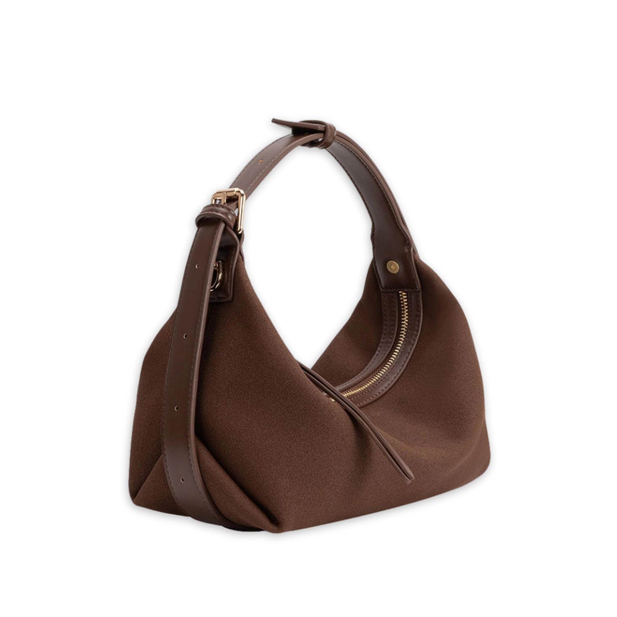 Brown handbag with a gold zipper on a white background