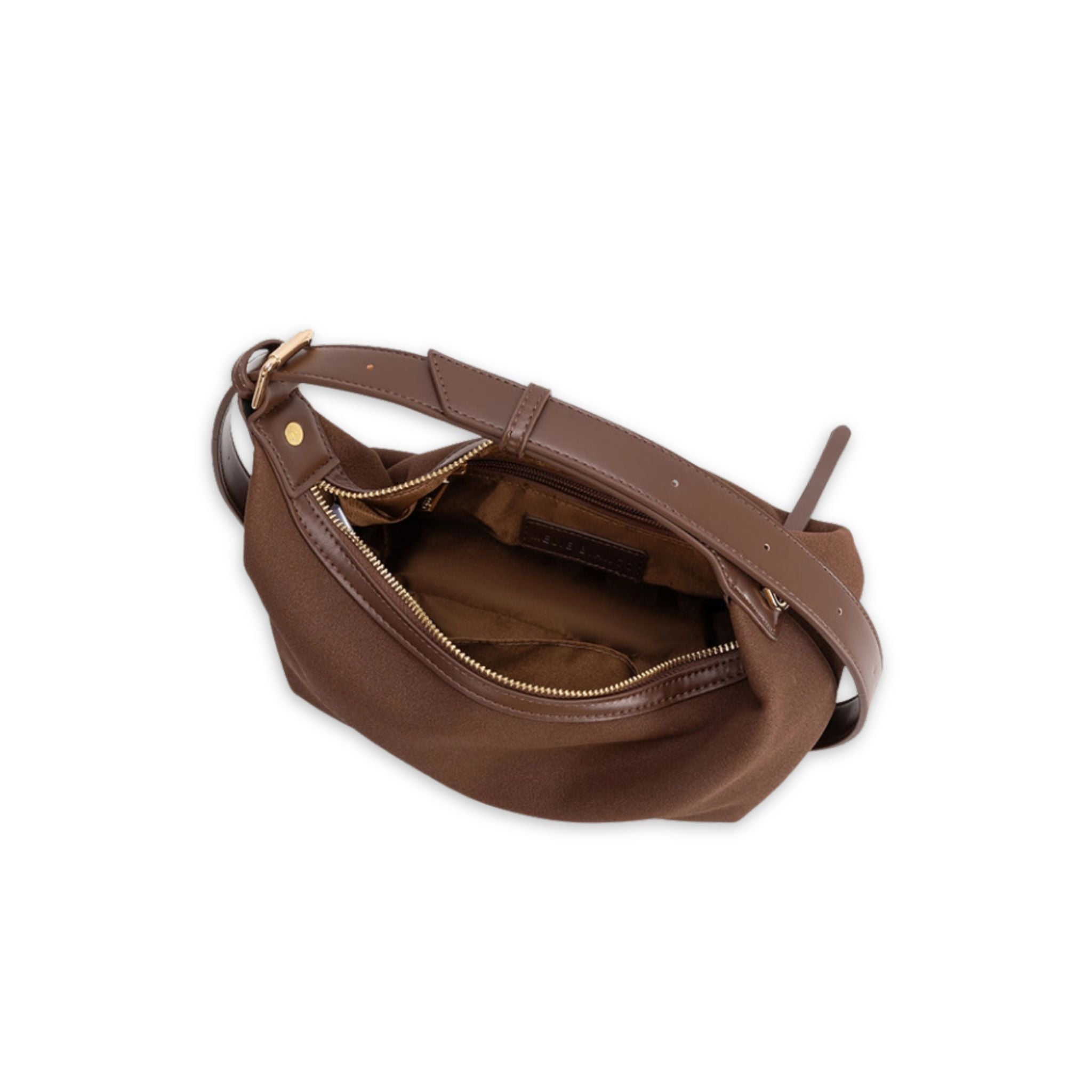Brown leather handbag with gold zipper on a white background