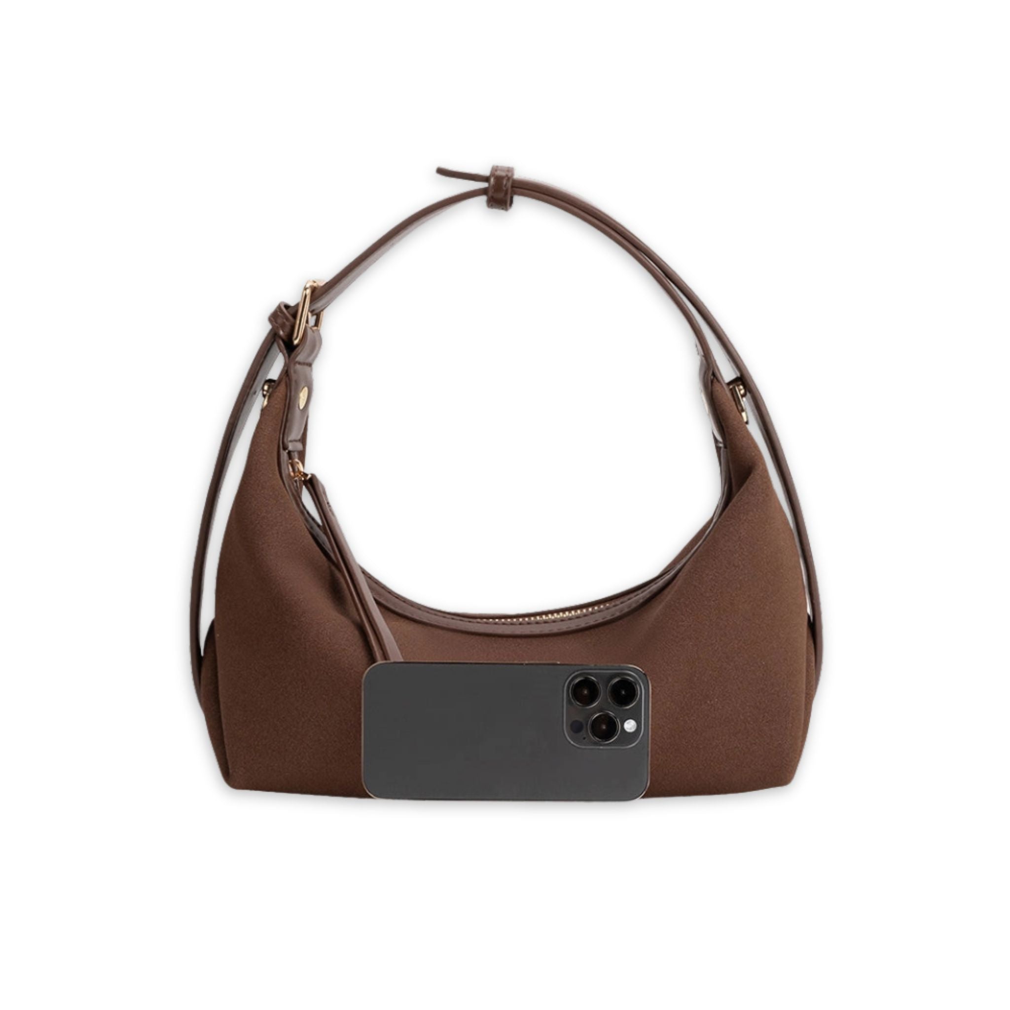 Brown handbag demonstrating size to a mobile phone on a white background