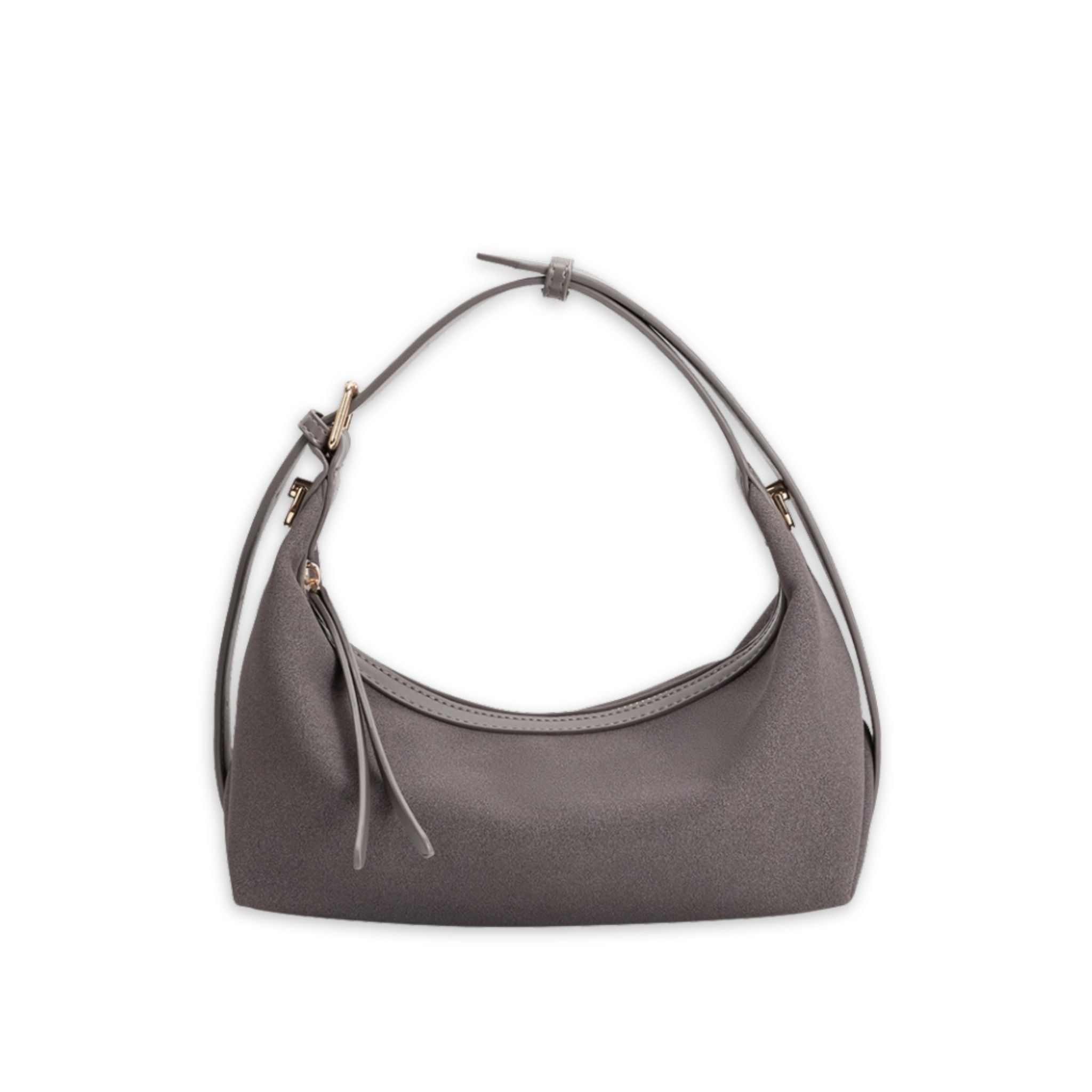 Gray handbag with a strap on a white background
