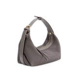 Gray handbag with gold accents on a white background