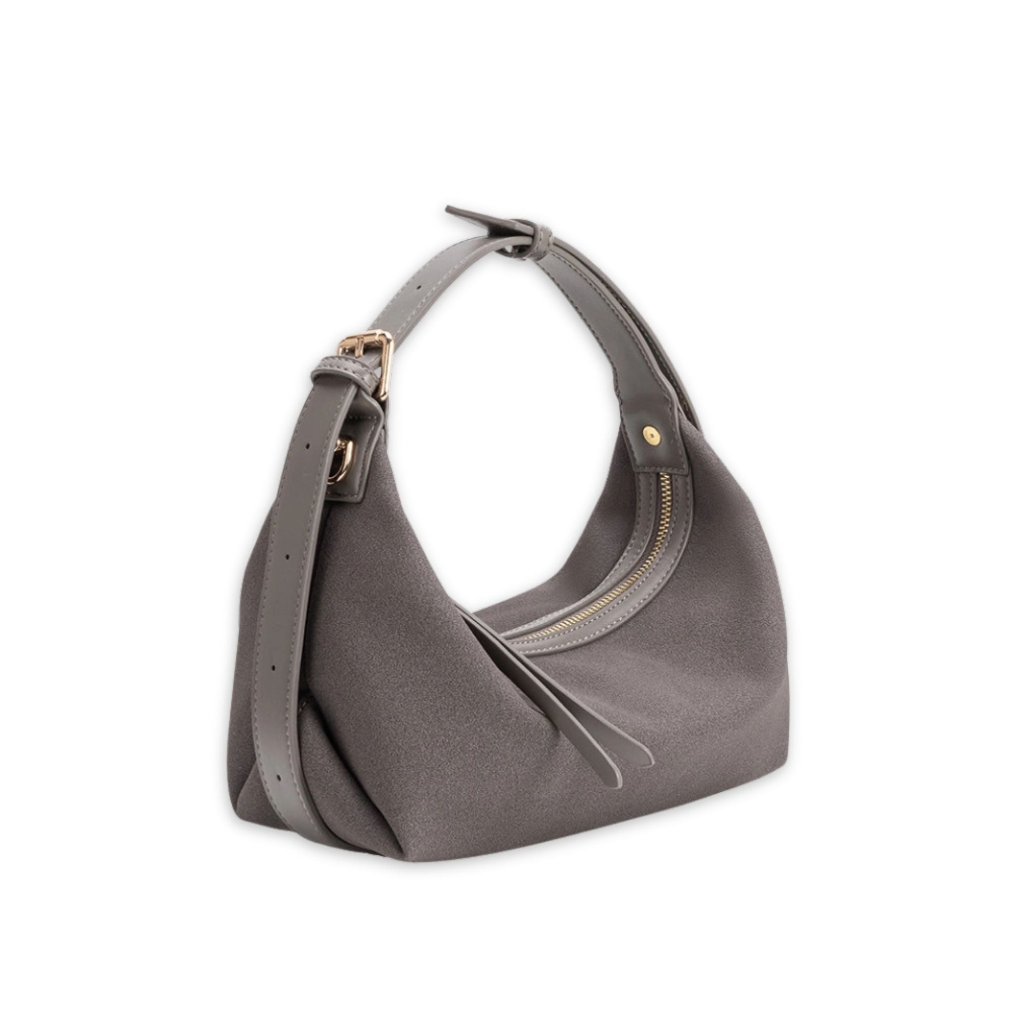 Gray handbag with gold accents on a white background