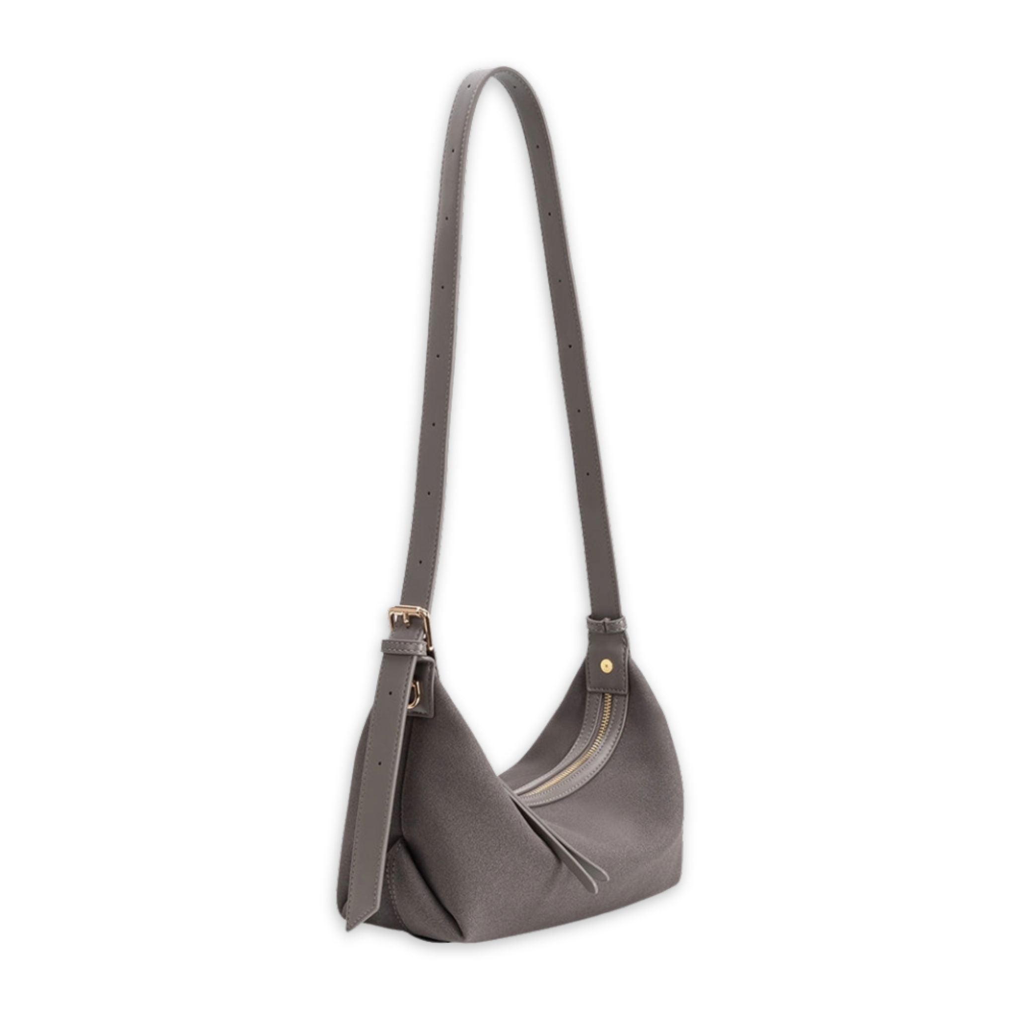 Gray handbag with strap adjusted on a white background