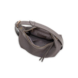 Gray leather bag with gold zipper on a white background