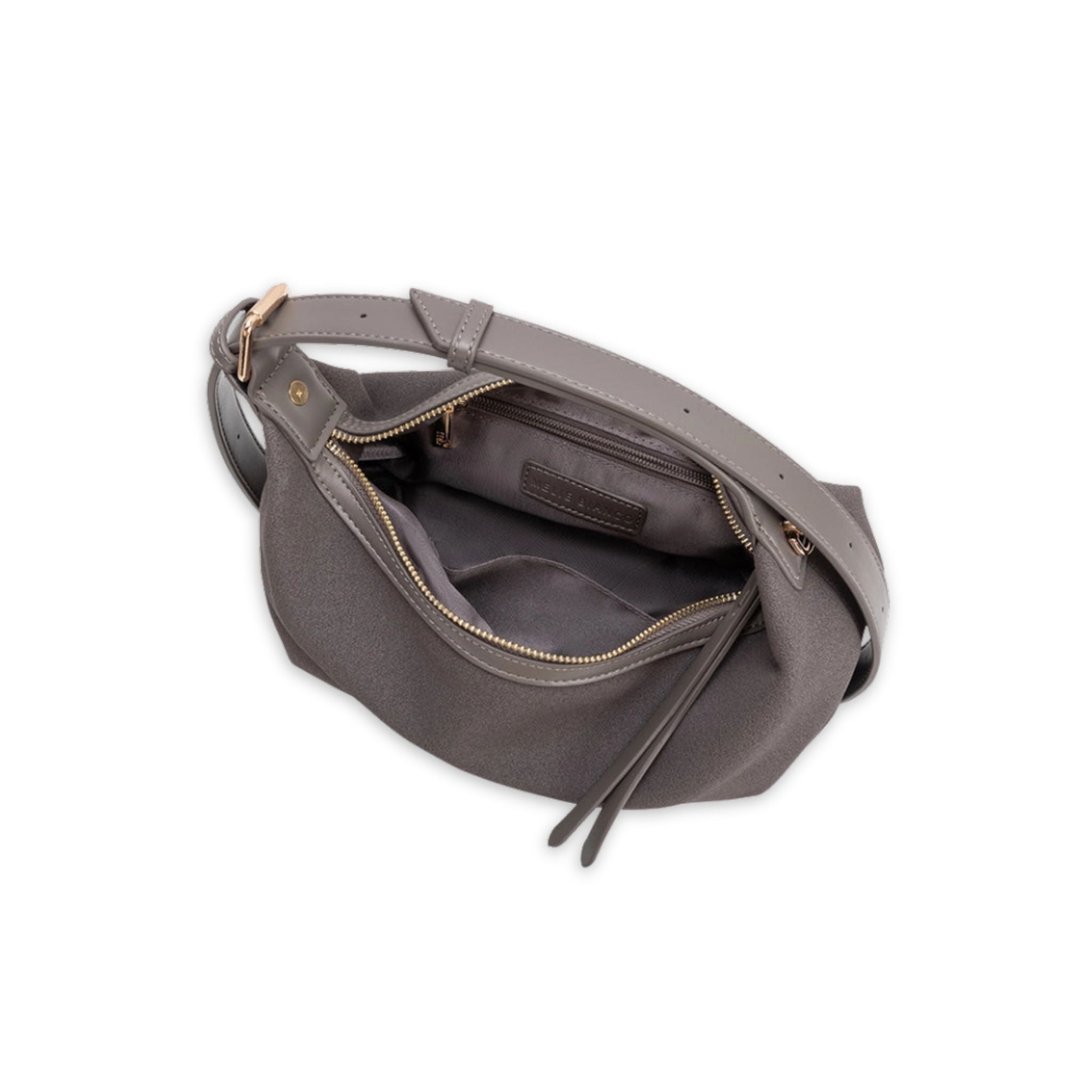 Gray leather bag with gold zipper on a white background