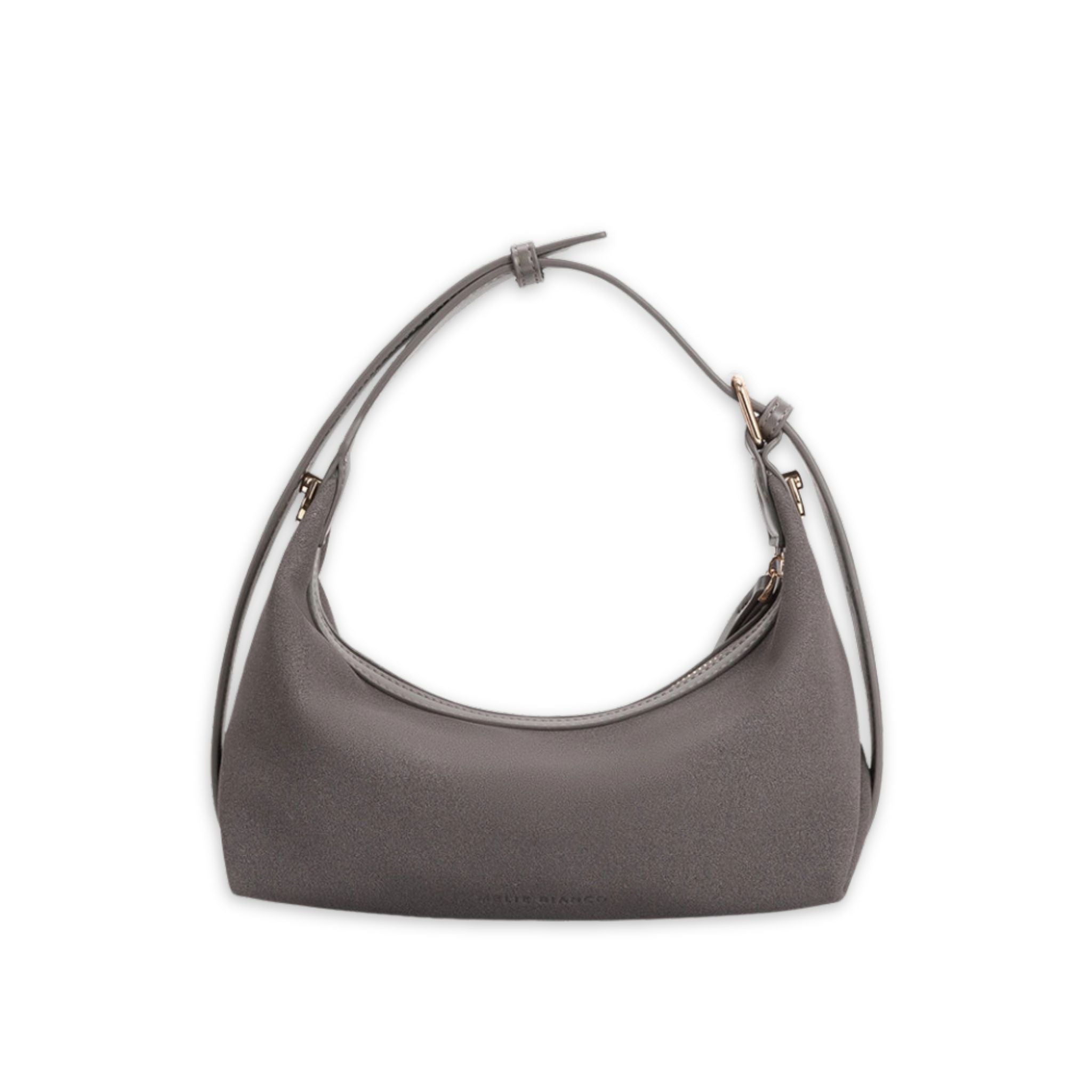 Gray handbag with a strap on a white background