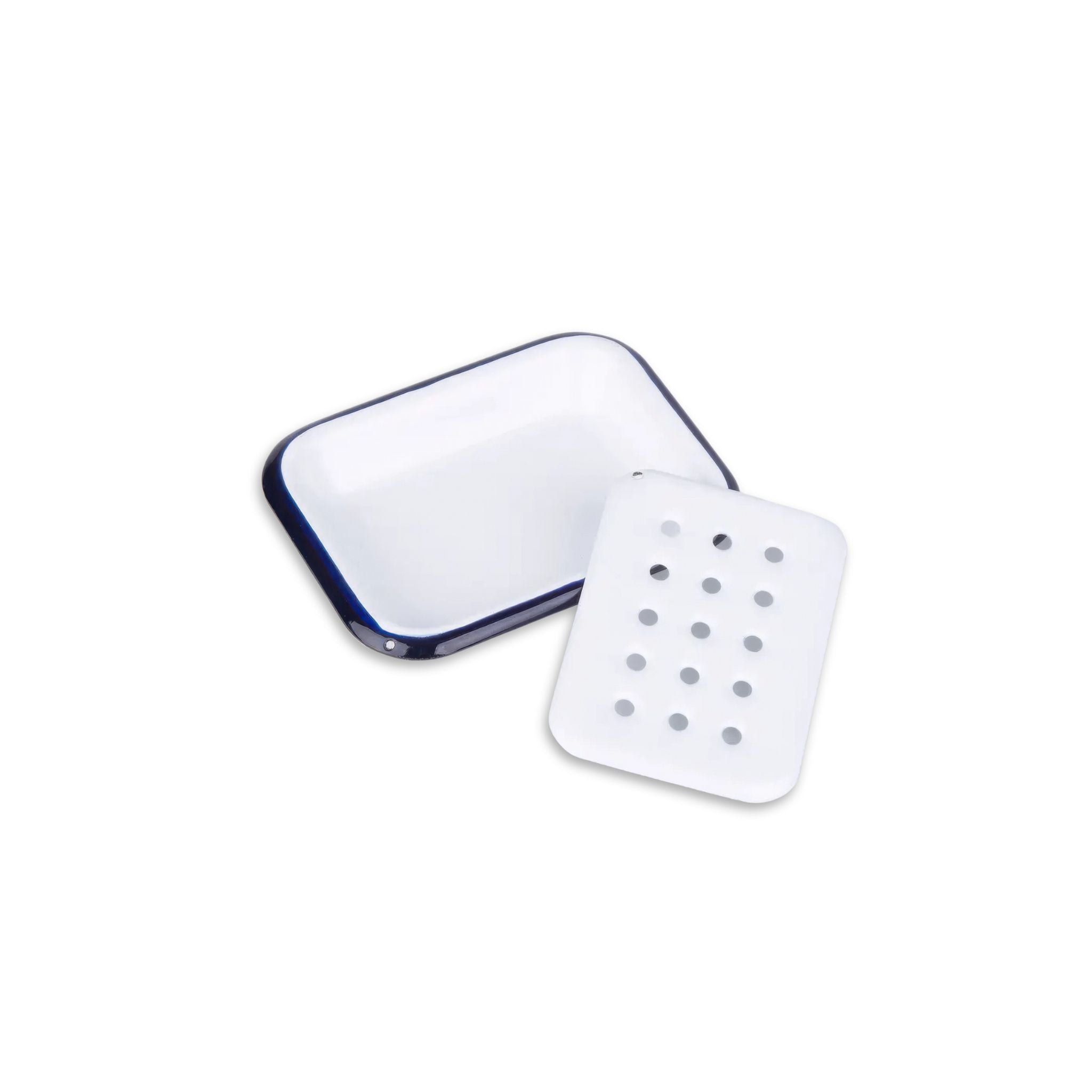 White soap dish with blue rim on a white background