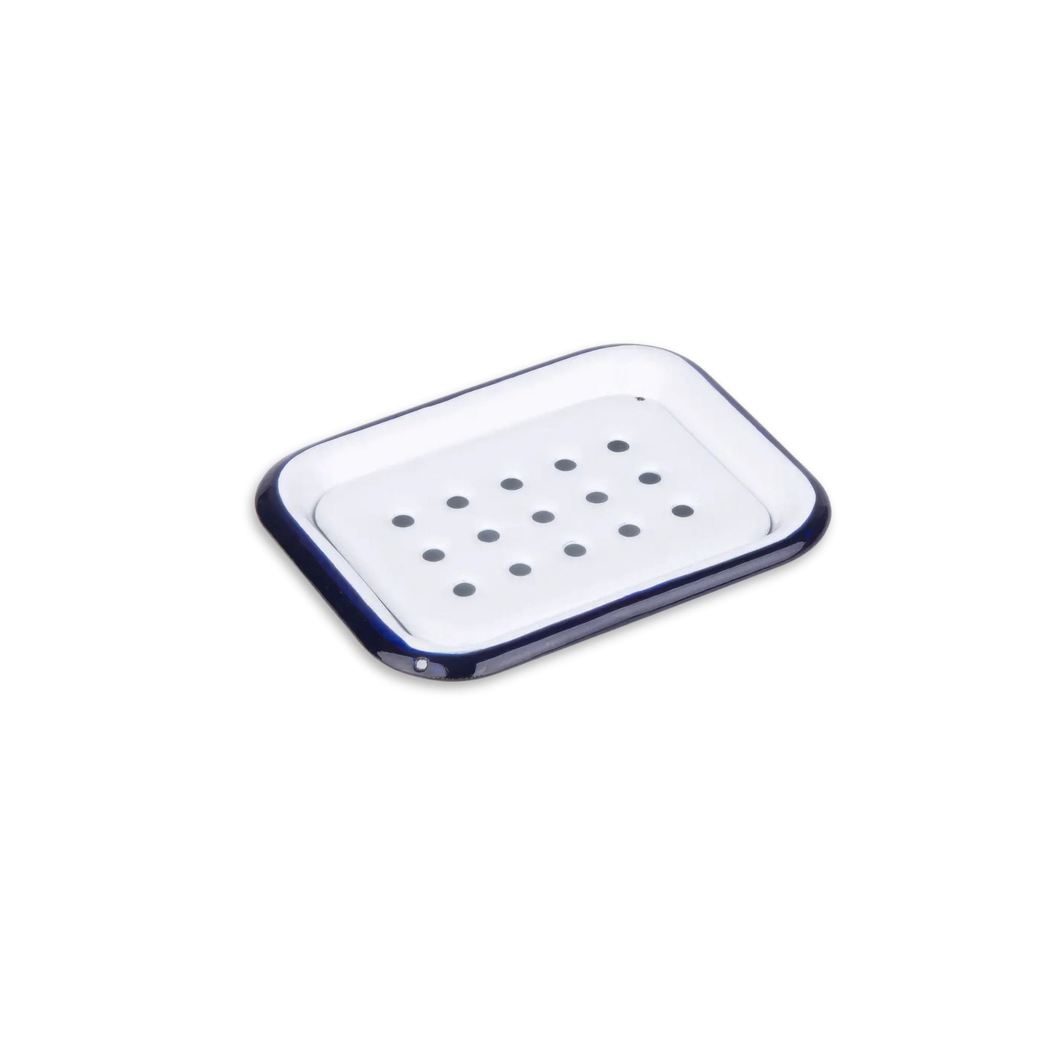 White soap dish with blue rim on a white background
