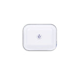 Back view of white soap dish with blue rim on a white background