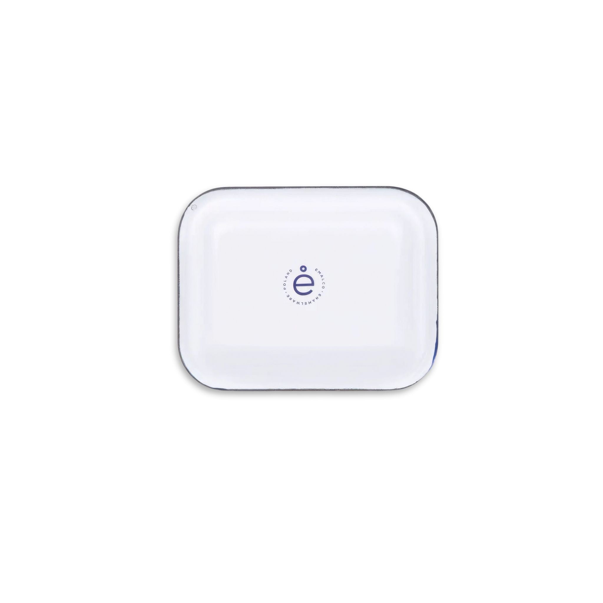 Back view of white soap dish with blue rim on a white background