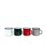 Four enamel mugs in white, black, red, and gray on a white background