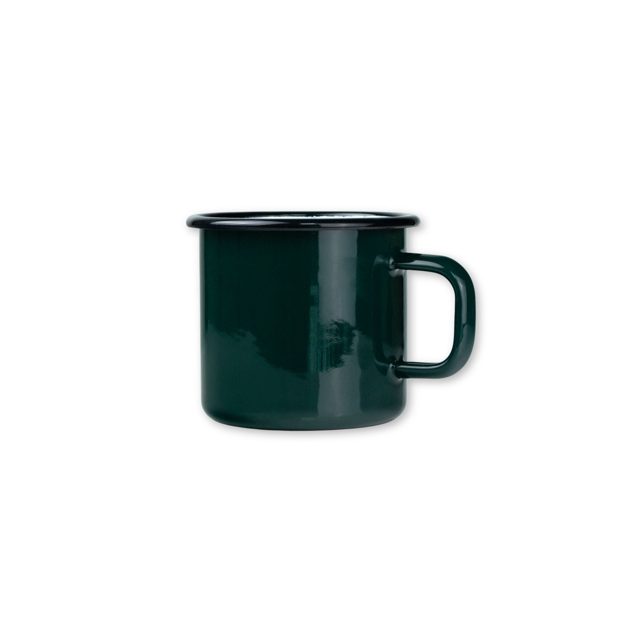 Dark green enamel mug on a white background