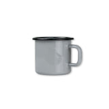 Gray enamel mug with black rim on a white background