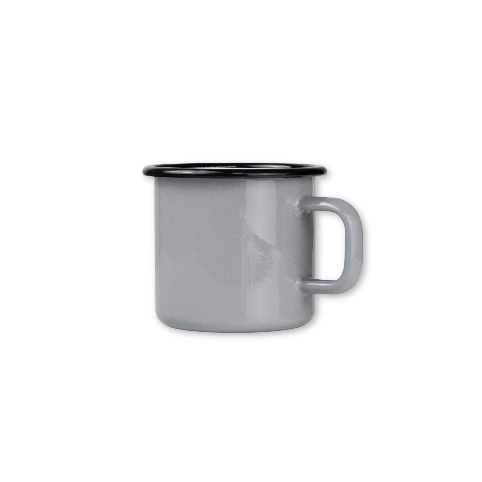 Gray enamel mug with black rim on a white background