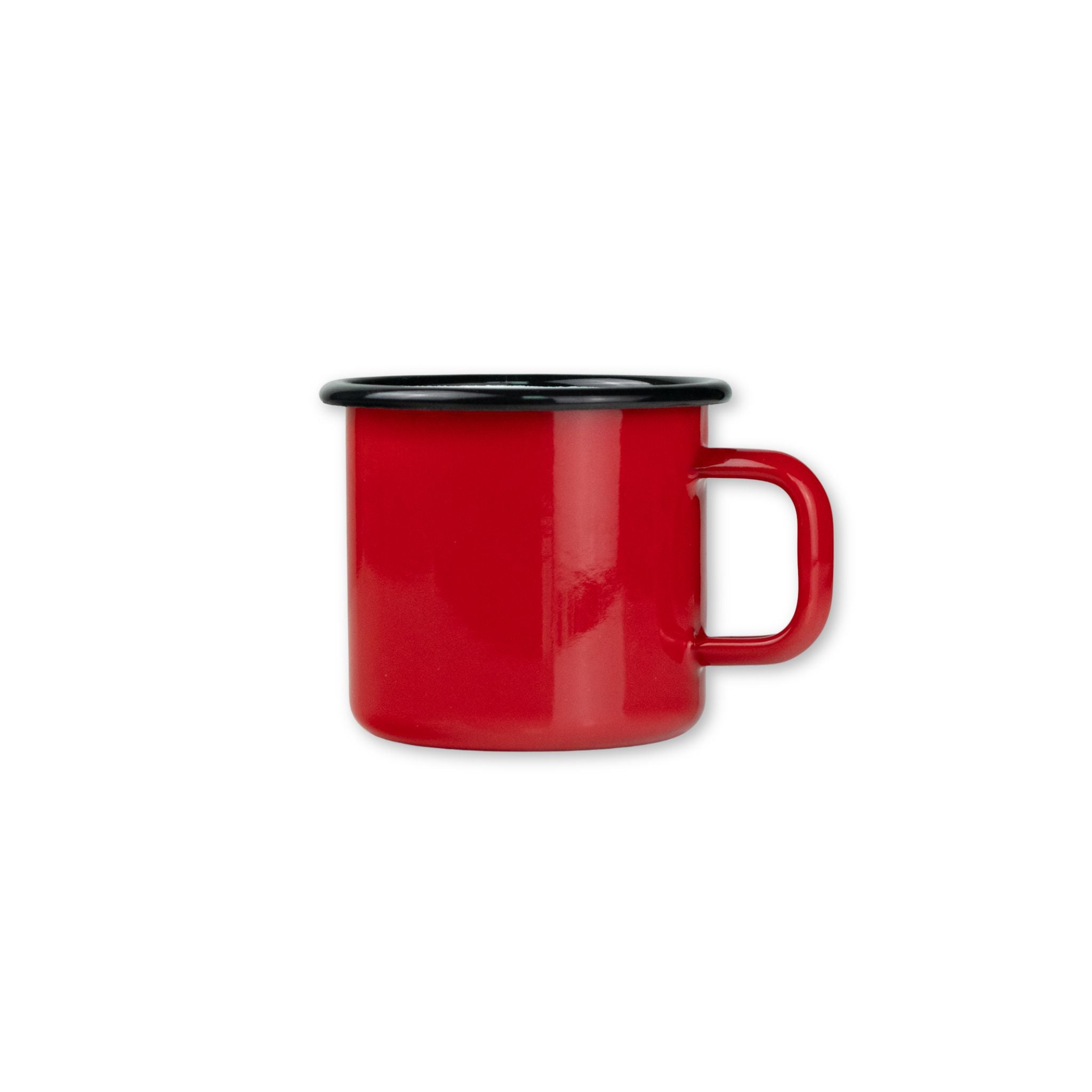 Red mug with black rim on a white background