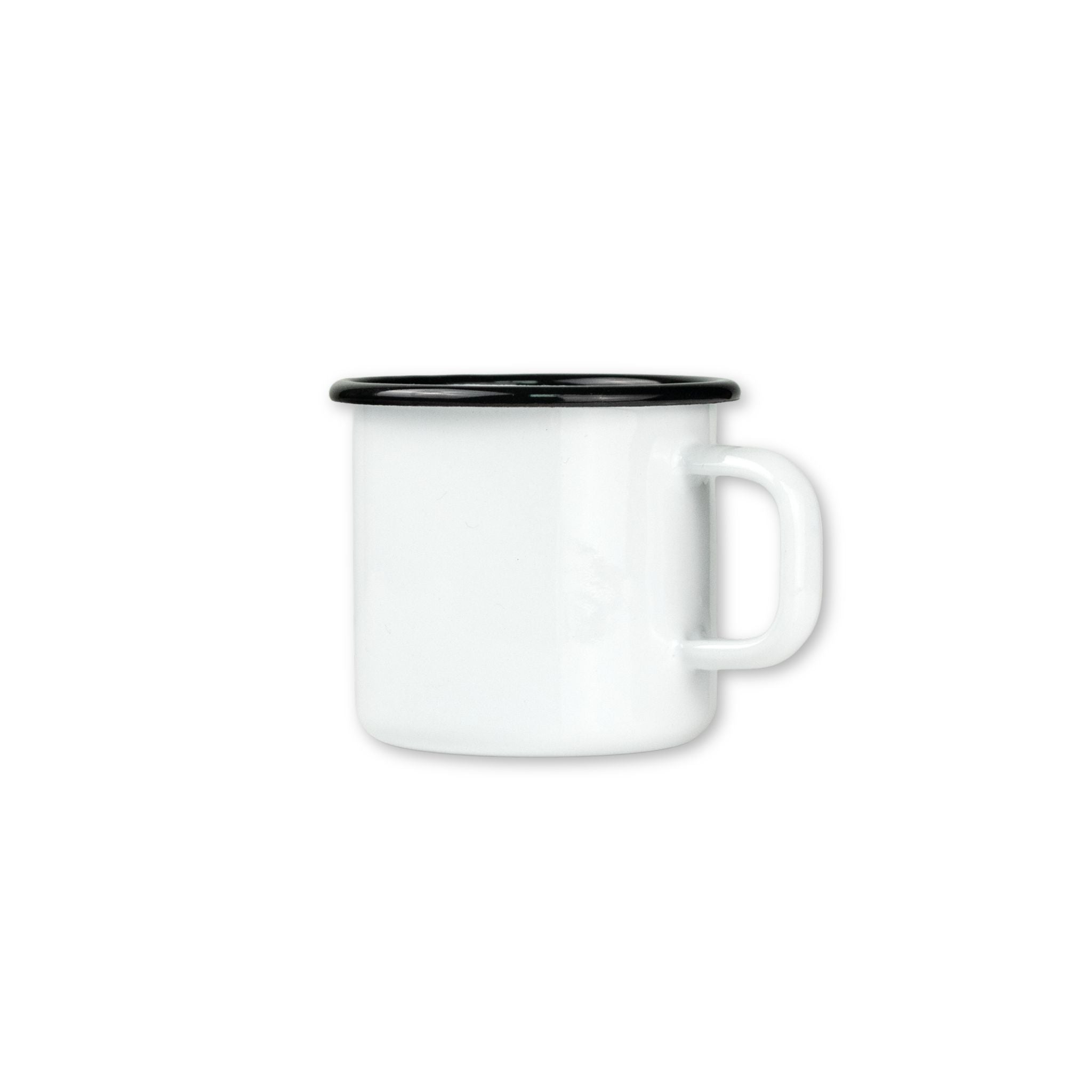 White mug with black rim on a white background