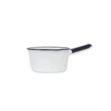 White enamel saucepan with blue handle on a white background