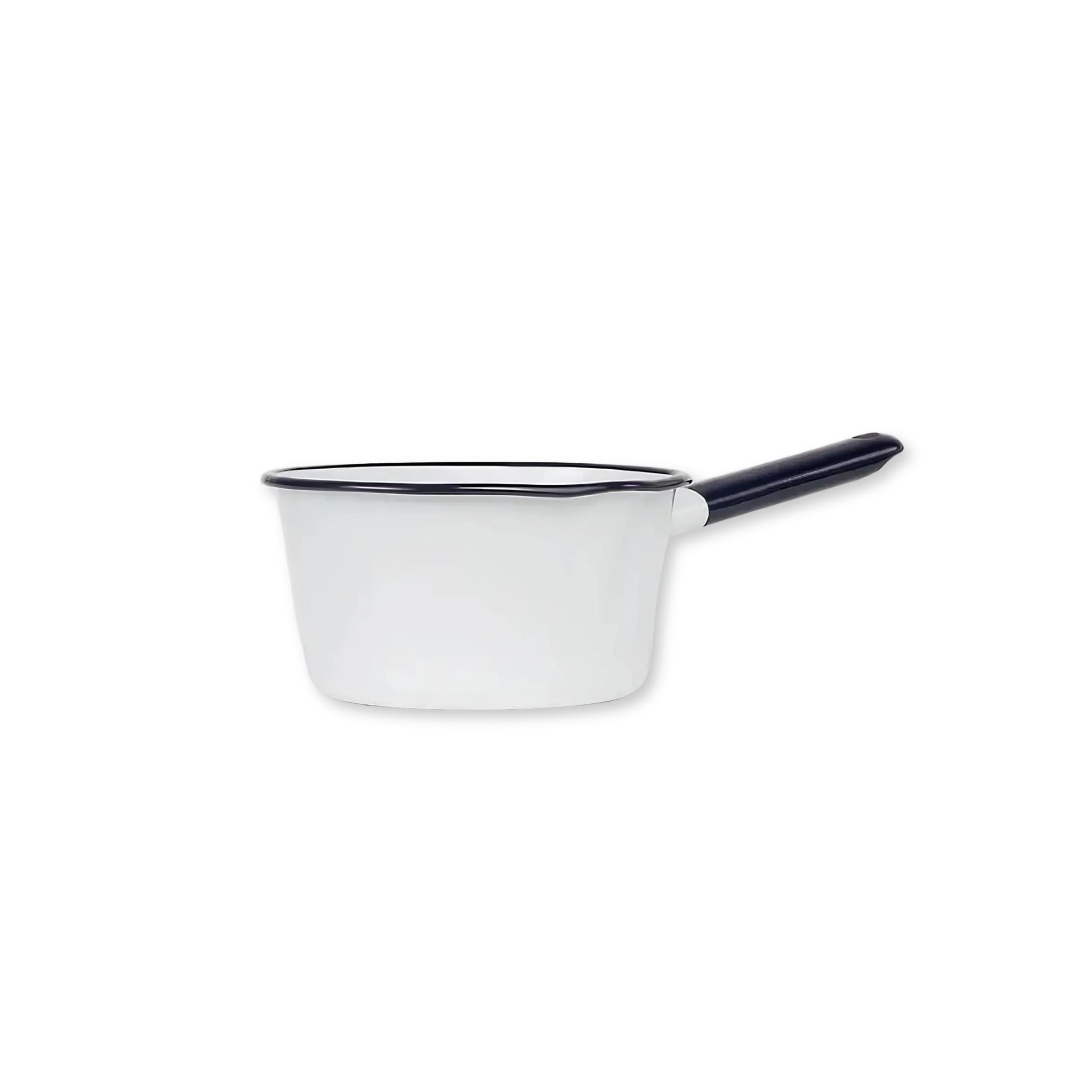 White enamel saucepan with blue handle on a white background