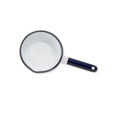 White enamel saucepan with a blue handle and rim on a white background